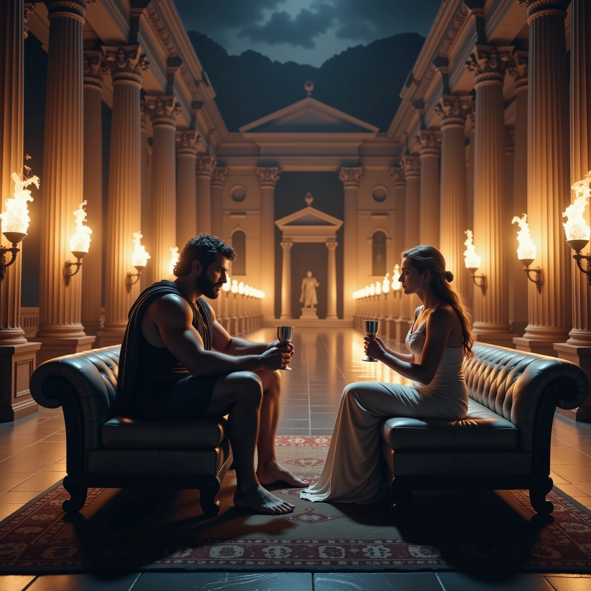 A realistic nighttime scene in the hall of an ancient Greek palace, illuminated with torches. In the center, Hercules is sitting on a divan conversing with Queen Hippolyta. They are both holding silver goblets. The image is high definition and ultrarealistic, like a movie scene.