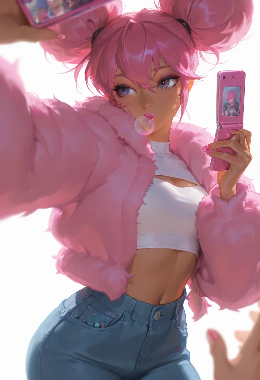 • Character Appearance: A female character with pink bob cut hair。There is a flower in the hair。She is taking a mirror selfie while striking a sexy pose。
•clothing: Green checkered skirt、Wearing a white shirt and yellow vest。She is wearing black knee socks、The tail is distinctive、The tip is heart-shaped。
• Pause: The character stands backwards in front of a mirror、Taking a picture of yourself with your smartphone。The perspective is set in a mirror, where her back and face are reflected.。
• Background and Environment: Indoor photography studio-style environment。Lights and filming equipment can be seen in the background.、Simple and without too many unnecessary elements。