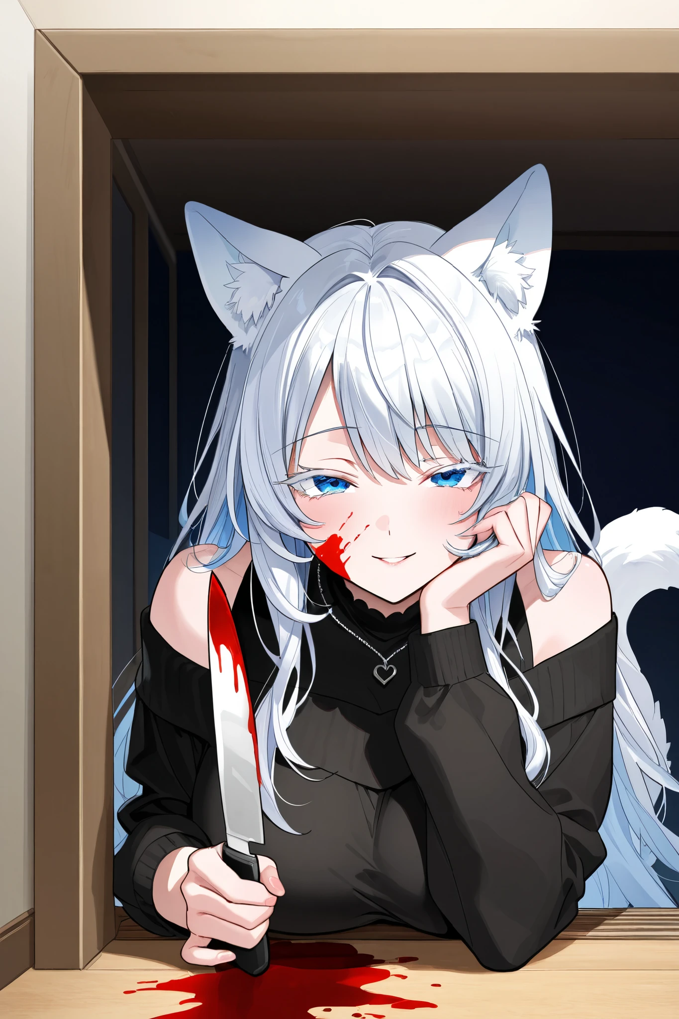 Cat Girl，was hairy，shaggy，Skin fur，White fur，Forelimb hands，hair splayed out，White ears，White face fur，White hair, hair splayed out, Shiny hair，Hairline, low twintails，Blue eyes，Super cute face，Empty eyes，Crazy smile, Fangs，Raven hair ornaments，White dress，Ambient light，Ultra-fine fur，Fluffy white tail，volumettic light，dashed eyes, bangs, ultra high def, 巨作, Super detail，Night，Under the rain，In the rain，Drizzle，Wet with rain，rainy outside，The magic of blood，Ruins background，blood, blood_On_clothes, blood_On_Hands, blood_On_arma, blood_Flying splashes, blood_stain，Single。