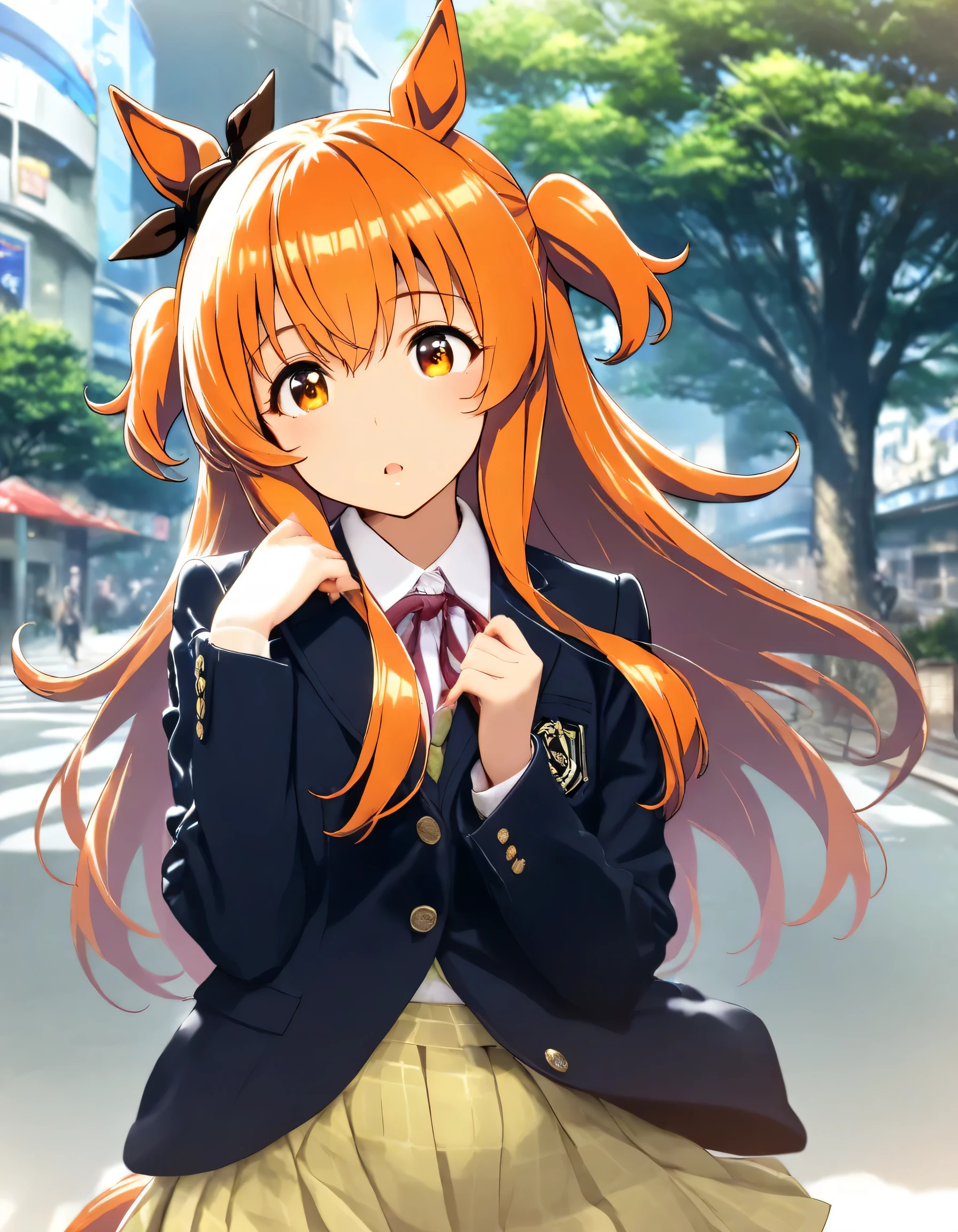 1girl, mayano top gun \(umamusume\), umamusume, year 2016, upper body, Shibuya, street tree, school uniform, blazer, masterpiece, high score, great score, absurdres, 16k, super detail