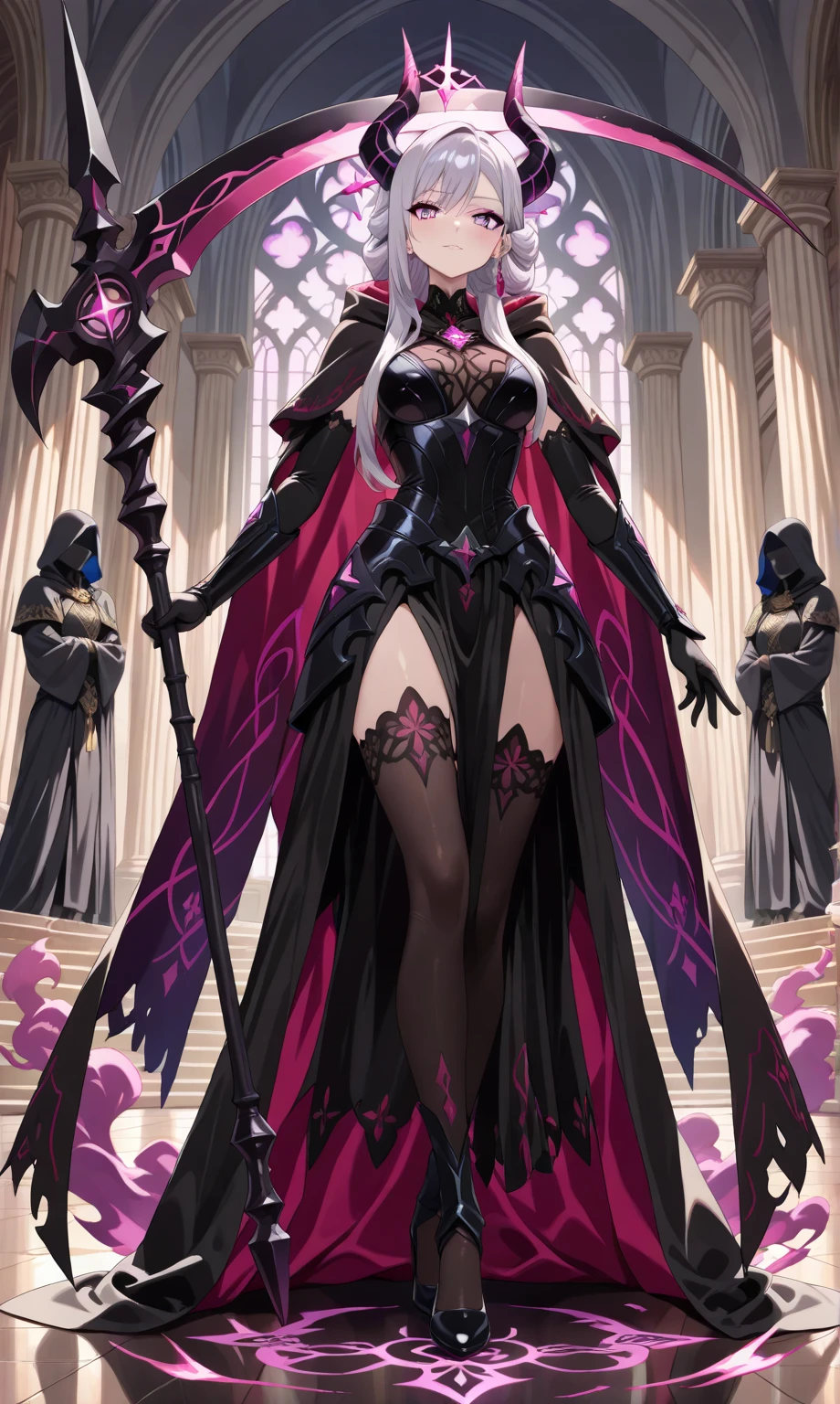 1girl, dress, solo, breasts, long hair, black dress, red eyes, long dress, gloves, holding, black gloves, staff, pink hair, full body, black footwear, high heels, very long hair, holding staff, bangs, cleavage, crown, large breasts, rigging, elbow gloves, center opening,  <lora:ClemenceauV1.0:0.8>, clemenceau, standing