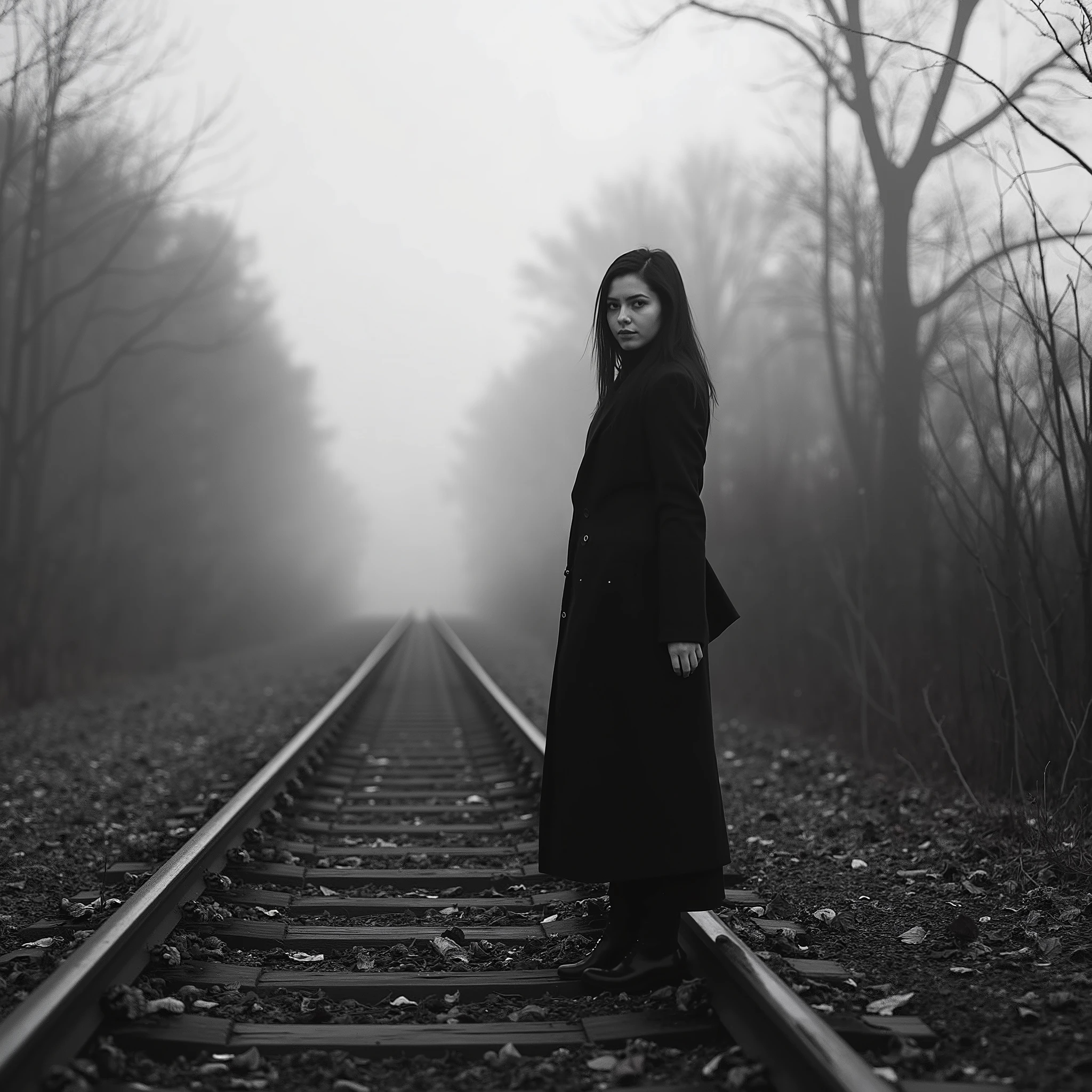 Cinematic photography, eye-level view of a young woman standing on a desolate dirt road covered in dry, scattered leaves. She wears a long, dark overcoat that drapes over her frame, blending with the somber atmosphere. Her body is slightly leaning back, one arm extended behind her, and her head turns to face the camera — her expression a mix of longing and quiet defiance. To her left, an abandoned railway runs parallel to the road, its tracks vanishing into the dense, rolling fog. The steel rails appear cold and lifeless, adding an industrial, forgotten feel to the scene. Barren trees and lifeless shrubs line both sides of the path, their silhouettes softened by the mist. The entire palette is in grayscale — a stark combination of black, white, and every shade of gray in between. The fallen leaves blend seamlessly into the monochrome scene, stripped of all color, heightening the sense of bleakness and solitude. The lighting is soft and diffused, with no harsh shadows, as if the sun is an absent figure behind the fog. Shot from a slightly low angle, the image conveys a sense of movement and isolation. The shallow depth of field keeps the woman in sharp focus while the misty background blurs into obscurity, adding depth and a touch of mystery. The air feels heavy, and the scene exudes a melancholic, cinematic quality.