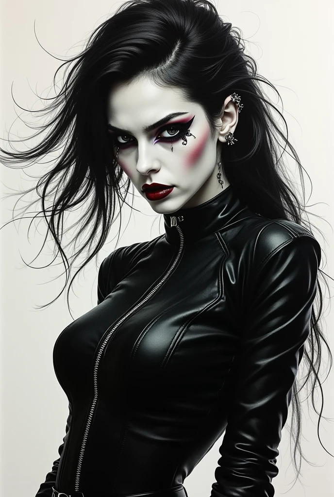 a sexy girl with a punk-gothic appearance and long hair, in the streets of the city of vampires:1.5 (art inspired by Bill Sienkiewicz, oil painting) black and white image (best quality,4k,8k,highres,masterpiece:1.2),ultra-detailed,(realistic,photorealistic,photo-realistic:1.37),intricate details,vivid colors,sharp focus,professional,Dave McKean artwork, oil touch of surrealism,oil painting style
