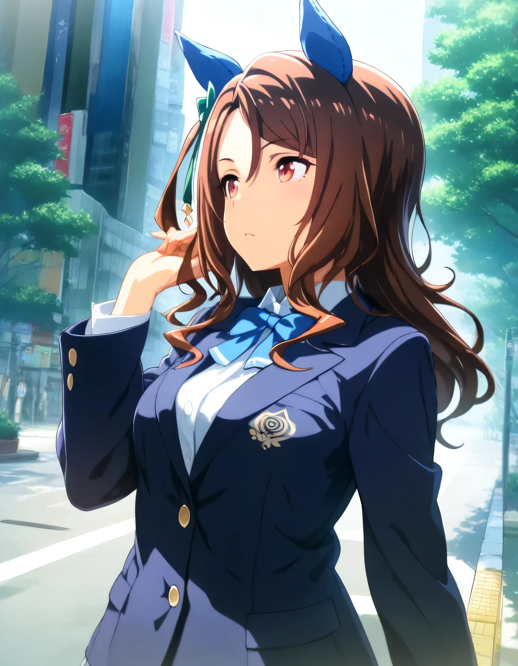 1girl, king halo \(umamusume\), umamusume, year 2016, upper body, Shibuya, street tree, school uniform, blazer, masterpiece, high score, great score, absurdres, 16k, super detail