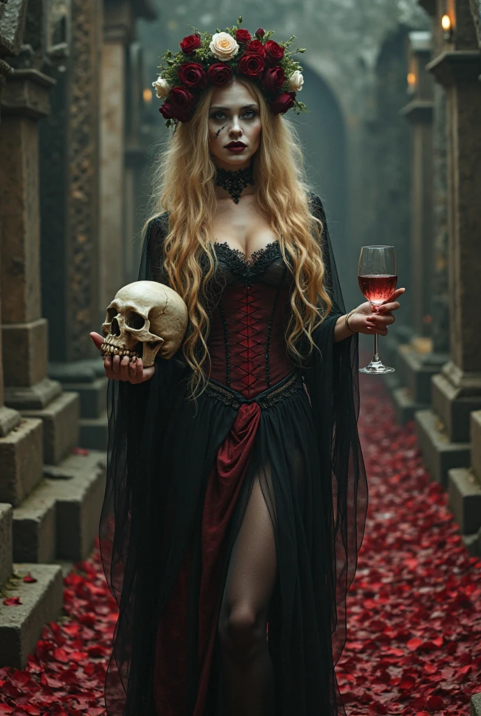 woman in a red cape holding a skull in her hands, girl elf portrait of a female necromancer, handsome necromancer, succubus | medieval, handsome necromancer girl, Beautiful necromancer girl, Portrait of a Sorceress, in the style of Anne Stokes, dark fantasy, mixed with realism, Fantasy character photo, medieval dark fantasy