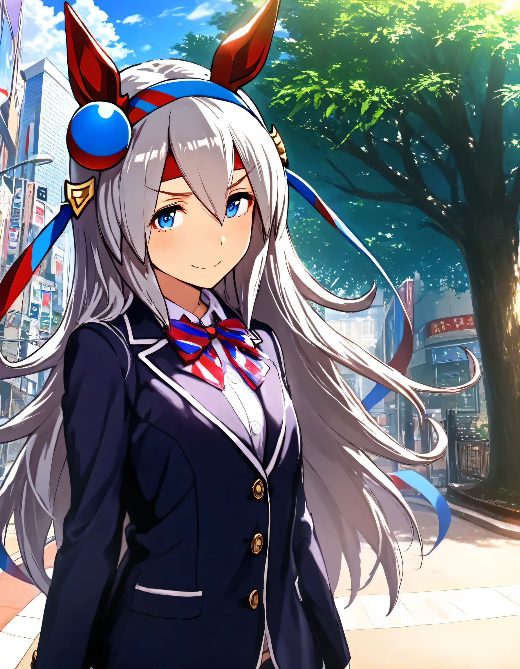 1girl, tamamo cross \(umamusume\), umamusume, year 2016, upper body, Shibuya, street tree, school uniform, blazer, masterpiece, high score, great score, absurdres, 16k, super detail