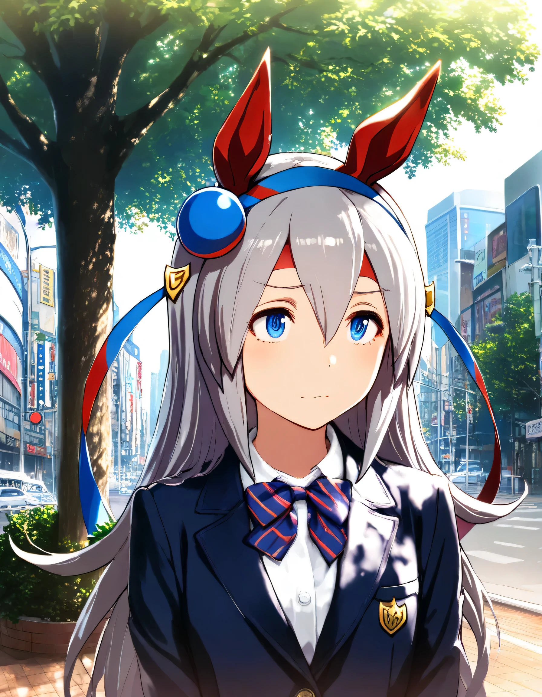 1girl, tamamo cross \(umamusume\), umamusume, year 2016, upper body, Shibuya, street tree, school uniform, blazer, masterpiece, high score, great score, absurdres, 16k, super detail