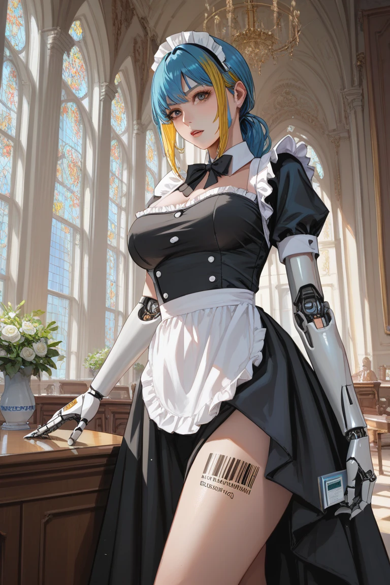 A fantz monster design, Cute robot in a cake shop [style-rustmagic]，female robot，Maid robot，Half-human, Cyborgs，Working in a cake shop，tray， (((Light blue and yellow heterochromic eyes))), Perfect lips and a half-open mouth, The girl floats in the void of the star cloud, Tied to a cable around her waist, {Extremely detailed 16k CG unit wallpaper}, Expansive landscape photography, (down view，Focus on the characters and the wide open space), (Broaden your horizons), (high-angle shot) , (high light: 1.5), (Low light: 1.2), (Warm light source: 1.7), Complex details, (Iridescent colors: 1.8), (Bright lighting), (Atmospheric lighting), Dreamy, Aesthetic,
