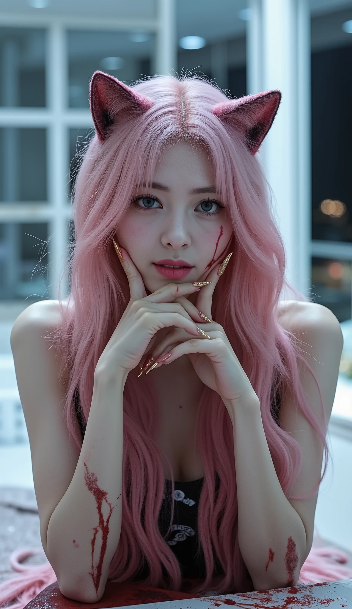 (((photorealistic:1.4))), ultra realistic, pores, (((masterpiece))),high quality, beautiful eyes, ultra details, realistic skin beautiful face pretty girl with very long sharp golden shiny fingernails, blood on body, long pink hair, nude, blood on skin, cat ears and cat tail, white night club, high key, bright, neutral light, white luxury modern room, beautiful view, night, looking at camera,