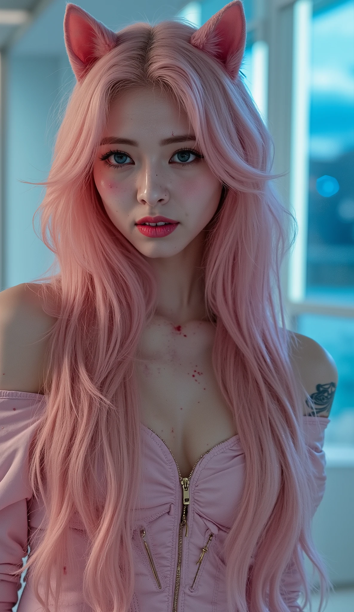 (((photorealistic:1.4))), ultra realistic, pores, (((masterpiece))),high quality, beautiful eyes, ultra details, realistic skin beautiful face pretty girl with very long sharp golden shiny fingernails, blood on body, long pink hair, nude, blood on skin, cat ears and cat tail, white night club, high key, bright, neutral light, white luxury modern room, beautiful view, night, looking at camera,