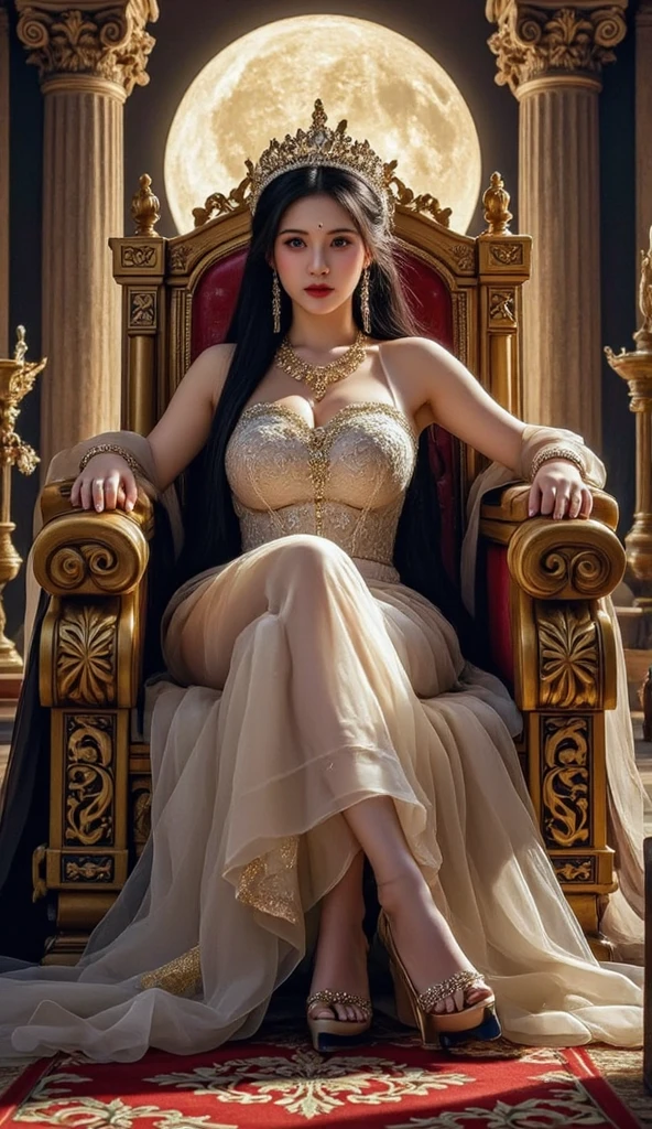 Depict Boa Hancock in her royal gown during the Reverie. She’s wearing a magnificent white and gold dress with elaborate designs and a crown-like headpiece. Boa is seated gracefully on a throne, exuding an aura of authority and elegance, with her piercing gaze indicating her fierce nature.