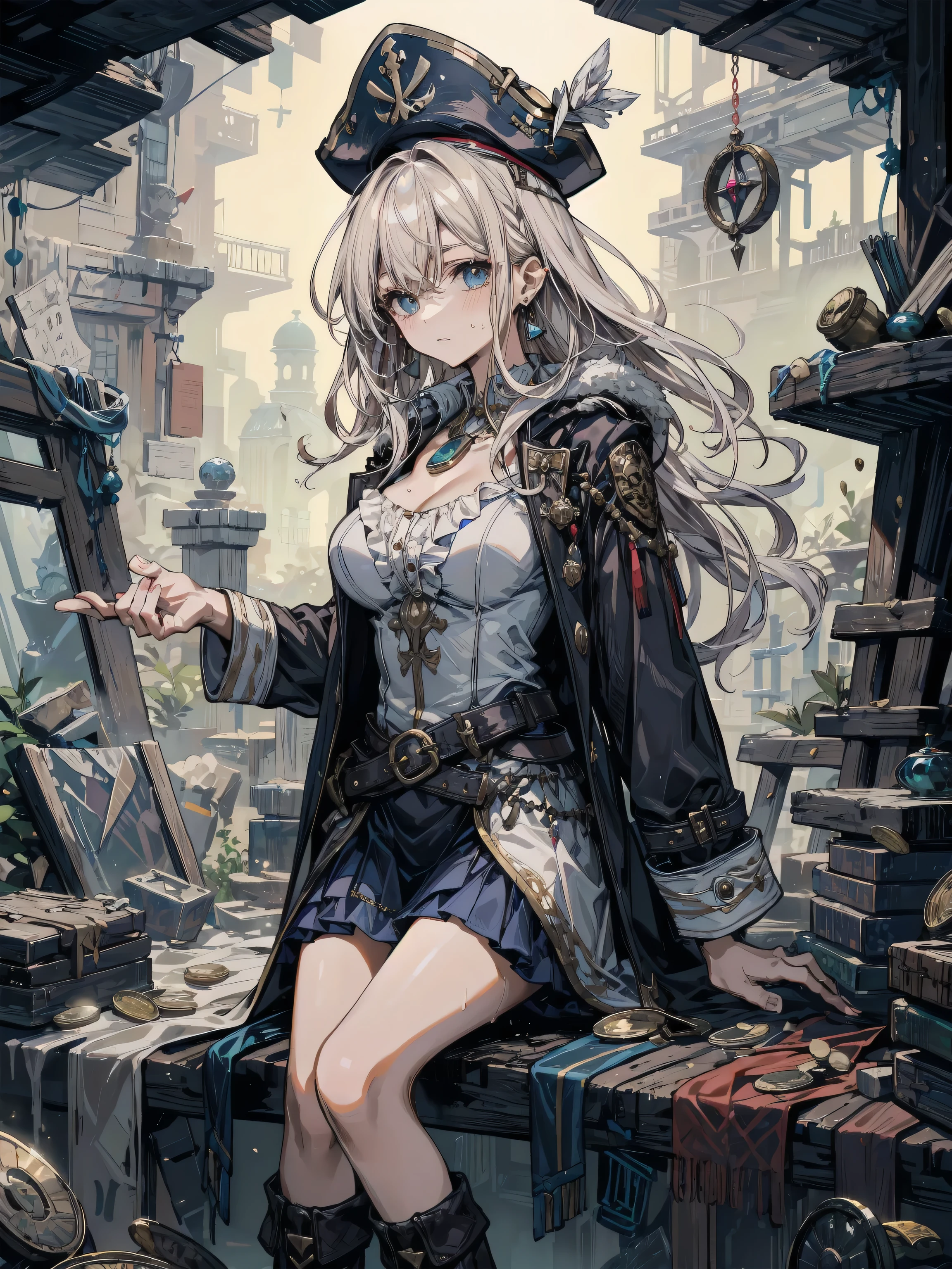 earring, big breasts, short hair, black hair, cowboy shot, sweat, a girl in pirate suit with long hair sitting on the treasures and coins in a cave, ((treasures, jewel, gems, coins)), captain hat, boots, frills, long coat, belts,