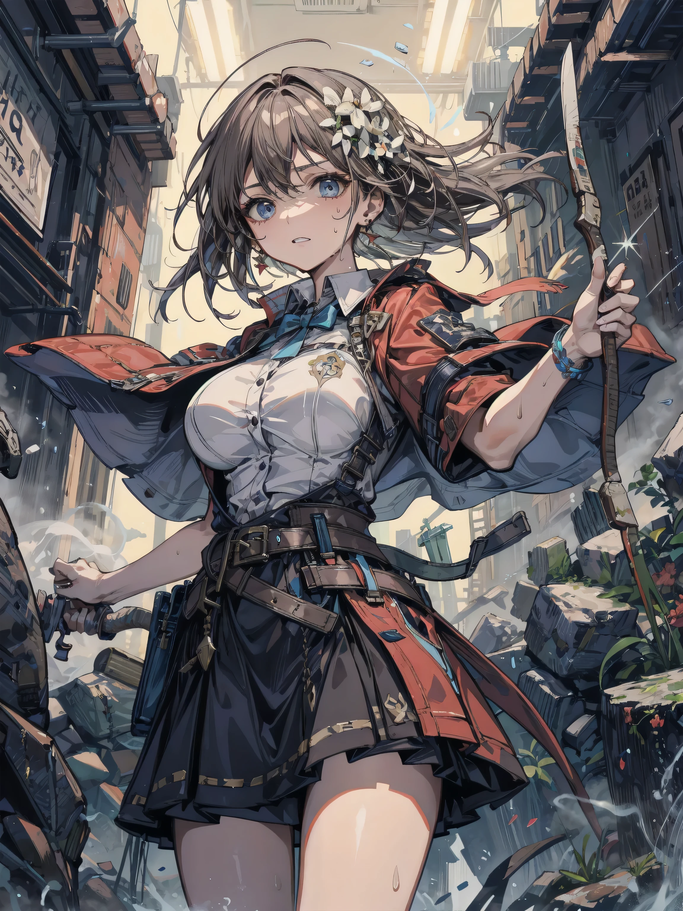 earring, big breasts, short hair, black hair, cowboy shot, sweat, Two-braided girl skilled in combat area, bow and arrows