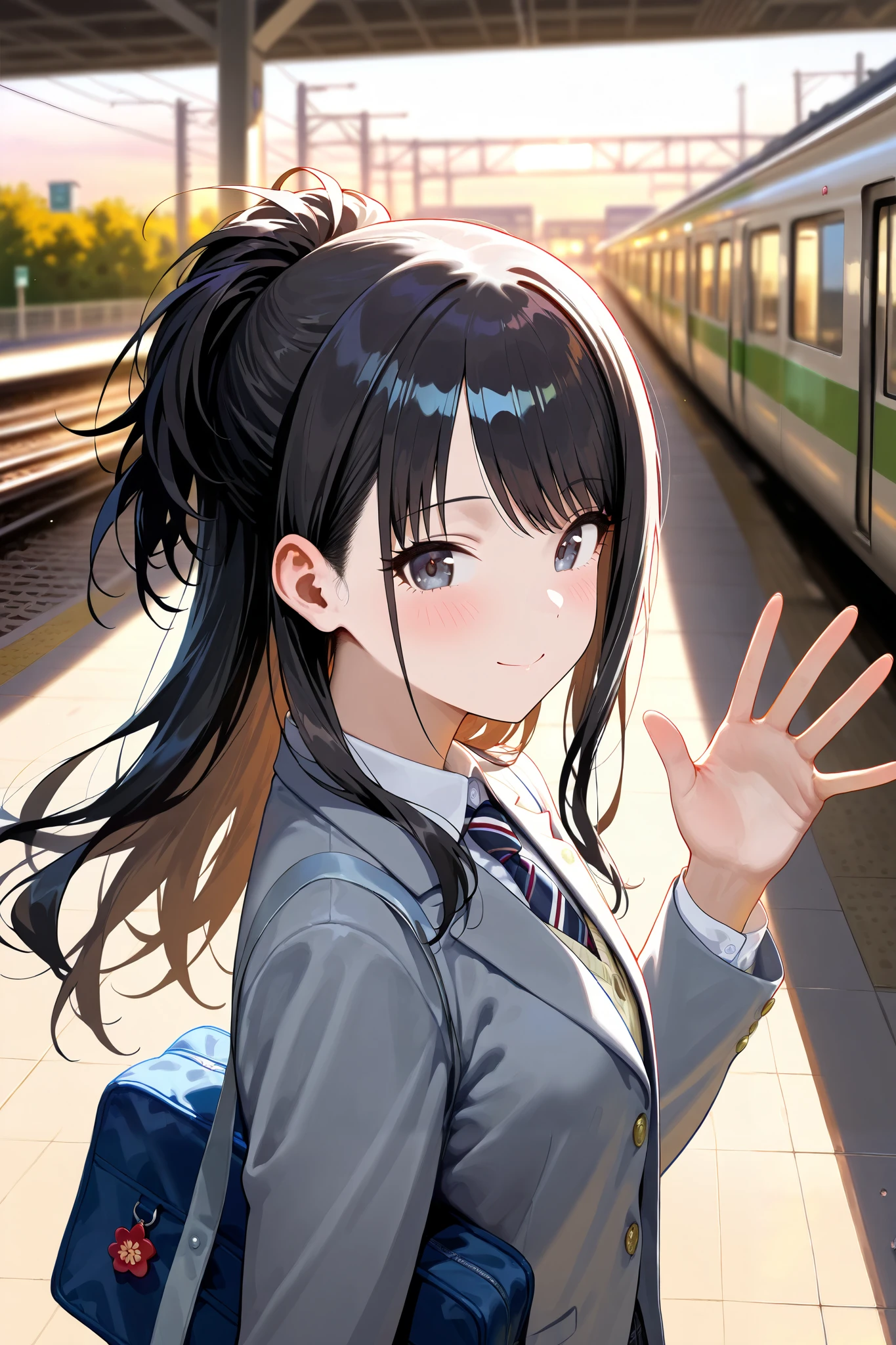 (masterpiece), (Highest quality), (Very detailed), (The best shape), (Best Shadow), (Absurd), (Detailed Background), (so beautiful), Shiny, Beautiful eyes in every detail, Extraordinary, Countershading, 8k, 32K, High resolution, Very Detailed CG ,
Score_9, Score_8_up, Score_7_up, Source_anime,
(Pastel painting:1.2), (Watercolor painting:1.2),
(Masterpiece, Detailed:1.2), (Foreshortening:1.2),
Cinematic, Dramatic, (depth of field:1.4),
(blurry background:1.4), (Realistic background:1.4), dynamic angle, from side,
1girl, solo,
Japan, Big city train station, Platform, (evening:1.1),
Kazano Hiori,
the idolmaster shiny colors,
hiori kazano, ponytail, black hair, black eyes,
(school uniform:1.3), school bag,
White collar, tie, black tie, Stripes tie, gray tie,
(cardigan:0.9), Inner cardigan, linen cardigan,
blazer, (gray blazer:1.2), long sleeves blazer, (Button-up her blazer:1.5), (buttoned all the way up:1.4),
skirt, closed jacket, plaids skirt, black skirt,
(Blush:1.3),
portrait,
(slouch1.2),
looking back,
focus on face,
looking at viewer,
smile, happy,
Waving her hand slightly,
Realistic skin,
Shiny skin,