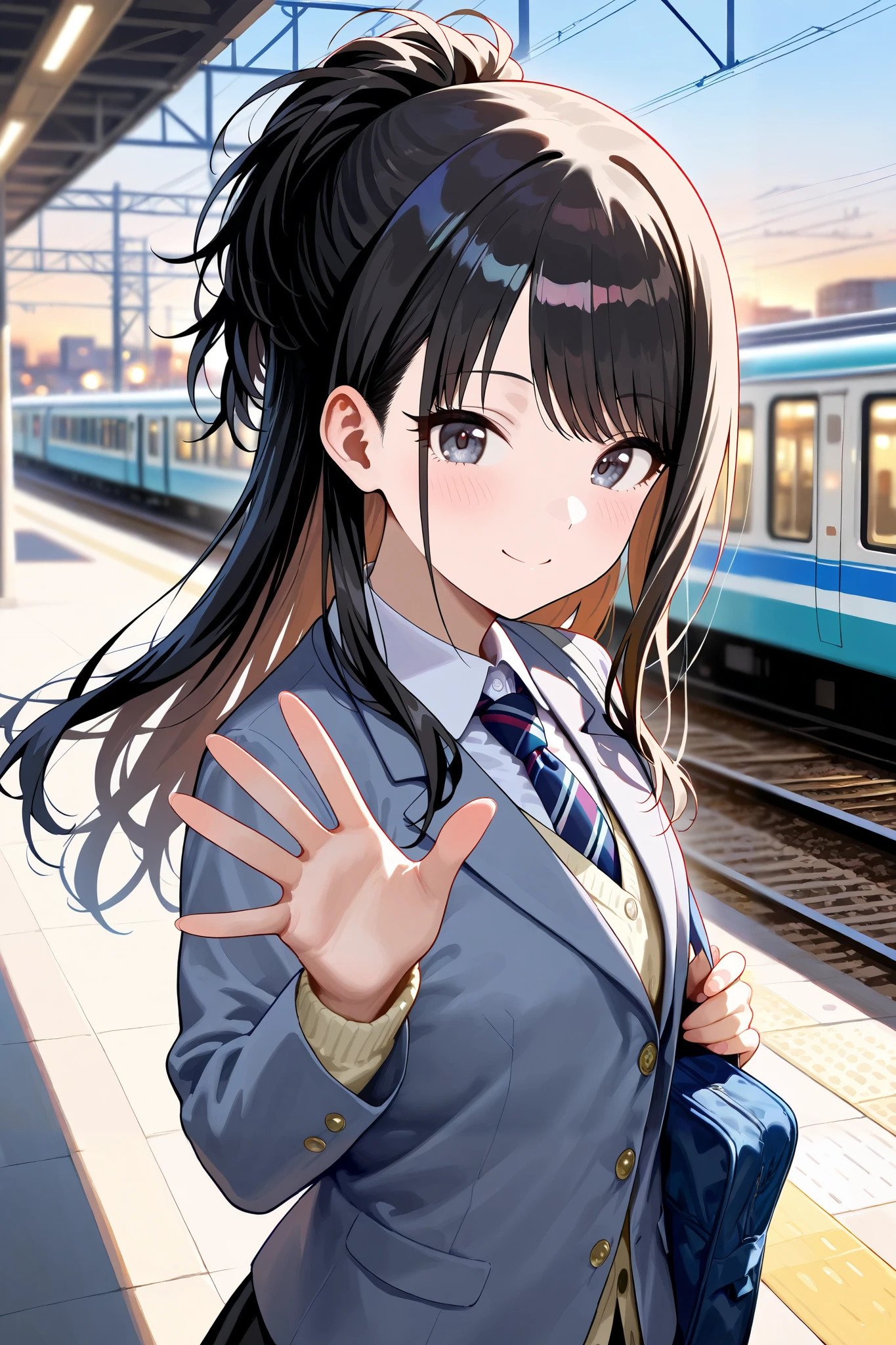 (masterpiece), (Highest quality), (Very detailed), (The best shape), (Best Shadow), (Absurd), (Detailed Background), (so beautiful), Shiny, Beautiful eyes in every detail, Extraordinary, Countershading, 8k, 32K, High resolution, Very Detailed CG ,

Score_9, Score_8_up, Score_7_up, Source_anime, 
(Pastel painting:1.2), (Watercolor painting:1.2),
(Masterpiece, Detailed:1.2), (Foreshortening:1.2),

Cinematic, Dramatic, (depth of field:1.4),
(blurry background:1.4), (Realistic background:1.4), dynamic angle, from side,
1girl, solo, 
Japan, Big city train station, Platform, (evening:1.1),

Kazano Hiori, 
the idolmaster shiny colors,
hiori kazano, ponytail, black hair, black eyes,

(school uniform:1.3), school bag,
White collar, tie, black tie, Stripes tie, gray tie,
(cardigan:0.9), Inner cardigan, linen cardigan,
blazer, (gray blazer:1.2), long sleeves blazer, (Button-up her blazer:1.5), (buttoned all the way up:1.4),
skirt, closed jacket, plaids skirt, black skirt,

(Blush:1.2),
portrait,
looking back,
focus on face,
looking at viewer,
smile, happy, 
Waving her hand slightly,
Realistic skin,
Shiny skin,