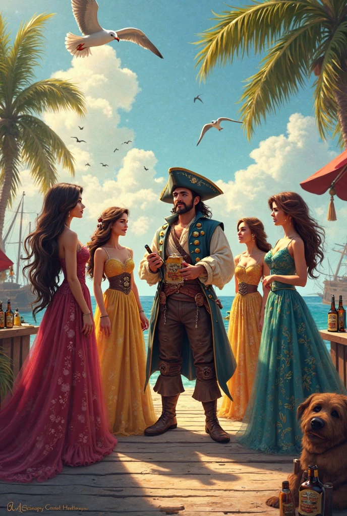 Captain Morgan sitting on ship with 2 girls with name of captain Morgan background