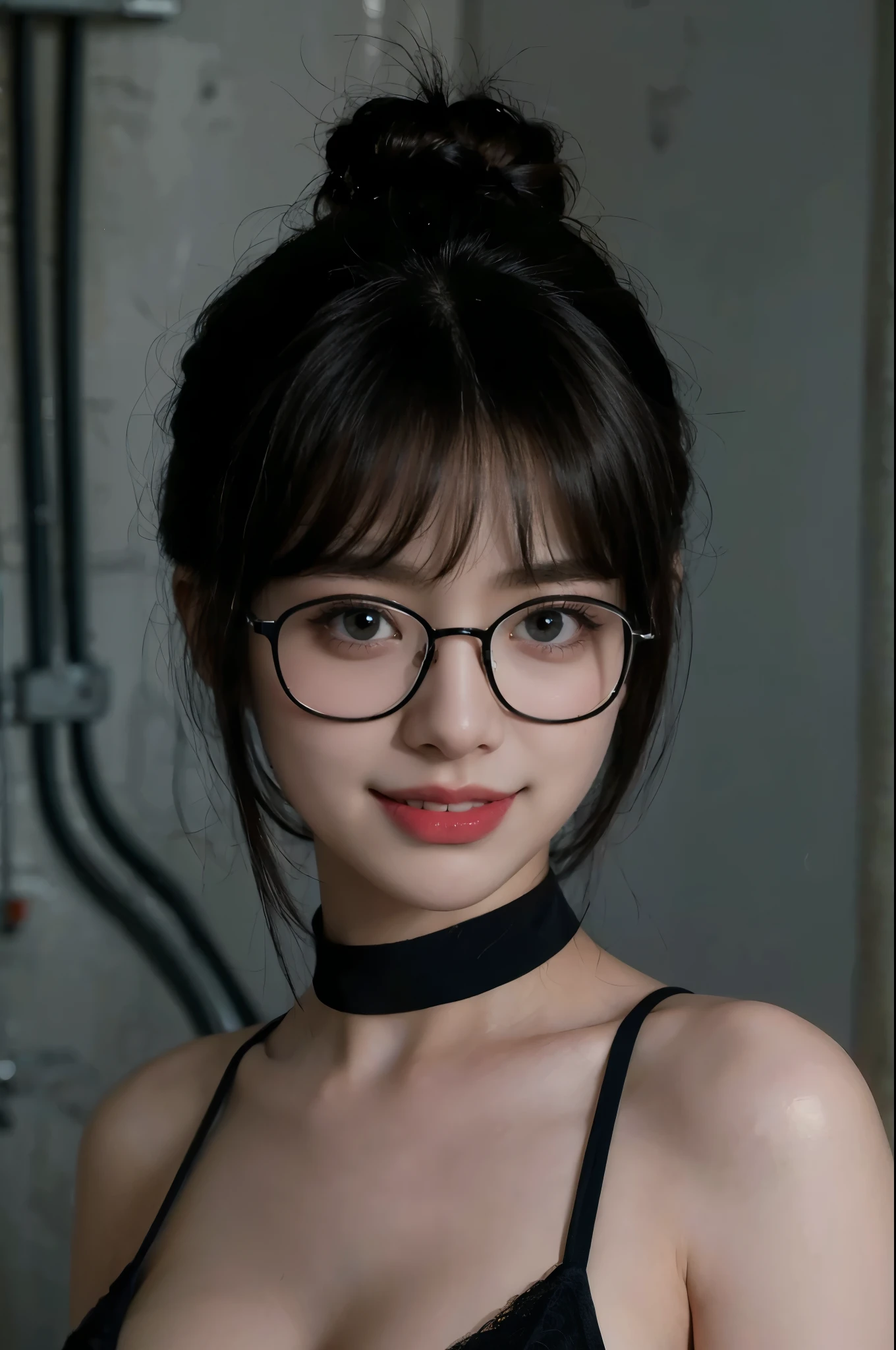 (8K,Raw photography,top-quality,masterpiece:1.2),high-definition RAW color photography,professional photograpy,(realisitic,photoRealstic:1.37),ciinematic light,1girl in,A smile,Upper body close-up,Overflowing breasts,huge-breasted,Breasts overflowing from clothes,Sexy Bikini,short cut hair,Beautiful skin,glasses,