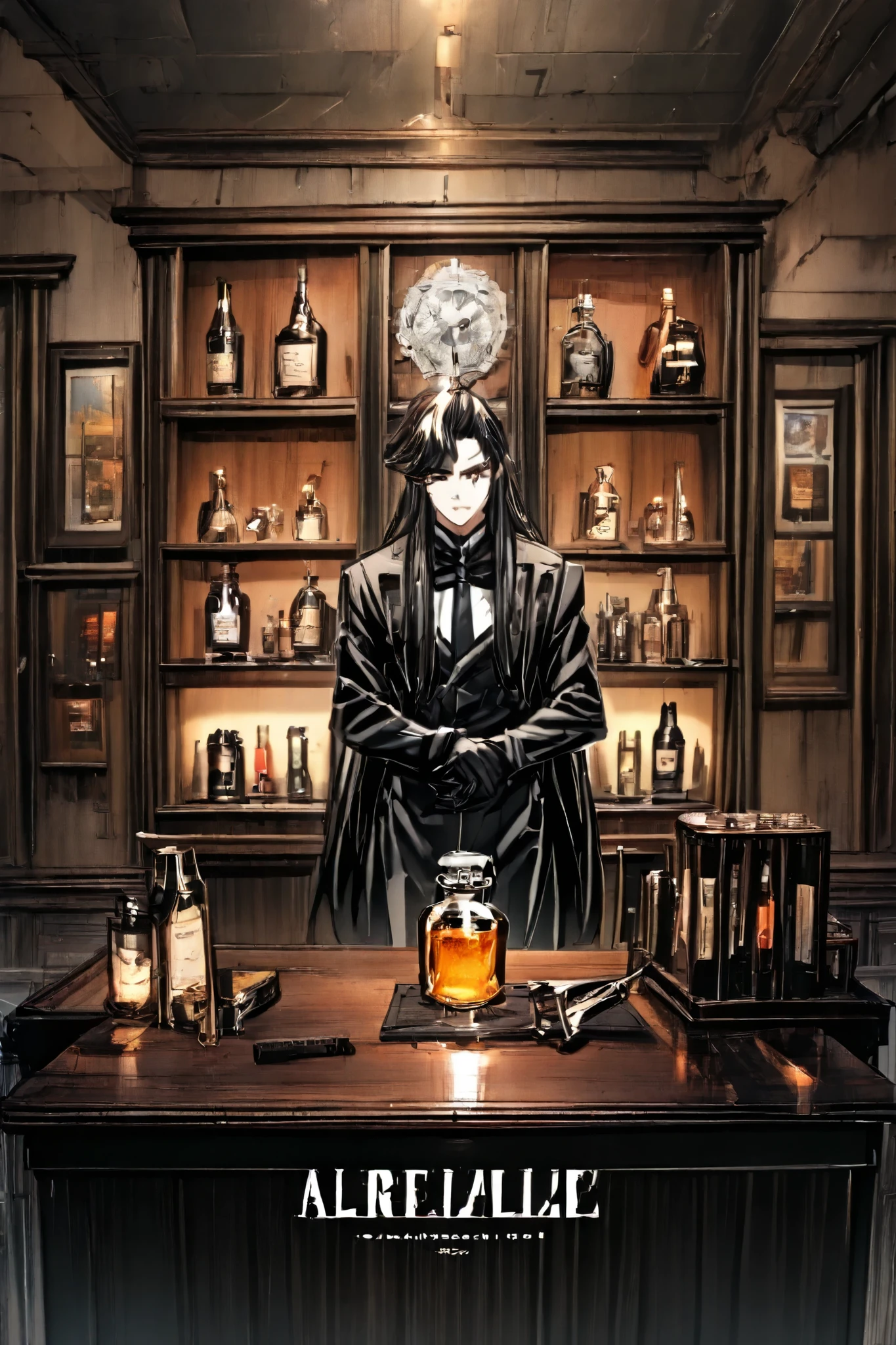Appearance:
style: Sleek and streamlined , with an impeccable presence.
hair: negro, combed backwards with some loose locks.
eyes: Amber with an analytical sheen, as if evaluating everyone in the room.
Clothes: Close-fitting waiter suit with black gloves and a thin tie. He always carries a metal shaker and a bottle opener.