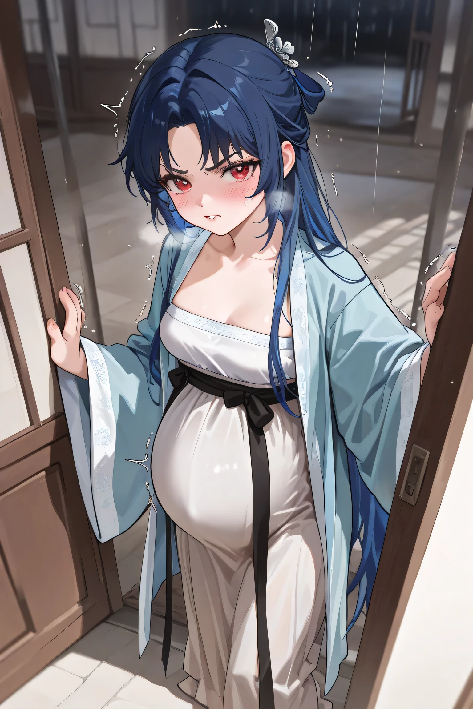 (Best quality, 4k, 8k, high resolution, masterpiece:1.2), ultra detailed, intricate details, beautiful girl, long blue hair, red eyes, bangs, small-medium breasts, perfect smooth skin, head tilted, Hanfu, Maxi skirt, dressing up modestly,, long blue hair, looking at viewer, standing, at front door, Alone, raining outside, at abandoned Chinese temple, Leaning against the wall, one hand on walls, bite lips, angry face, trembling, dirty temple:1.0), (hanfu Hover pussy:1.5), (blush:1.0), heavy breathing, (Pregnant:1.2)