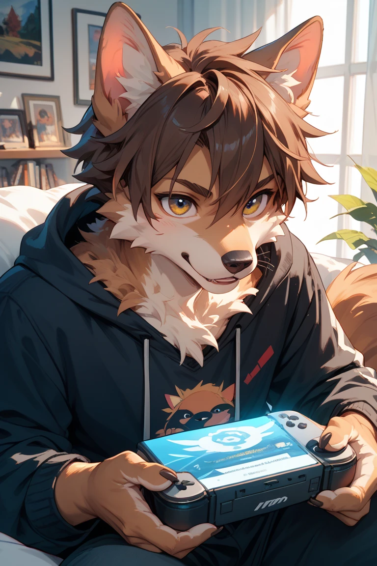 Milky white wolf，boy，juvenile，Brown hair，Orange pupils，obesity，Big Belly，Fat chest，Fat neck，Round cheeks，Fat, thick white limbs and body，Enlarged soles of feet，scarf，Socks in his mouth，Sit in a gaming chair，Play games，Eat potato chips，Drink Coke，earphone，monitor，The main chassis，fan，Wear white socks，Blue Jacket，Black drawstring loincloth，Protrusions in the crotch area，Dark bedroom environment，Blue and pink light strip，Technology
