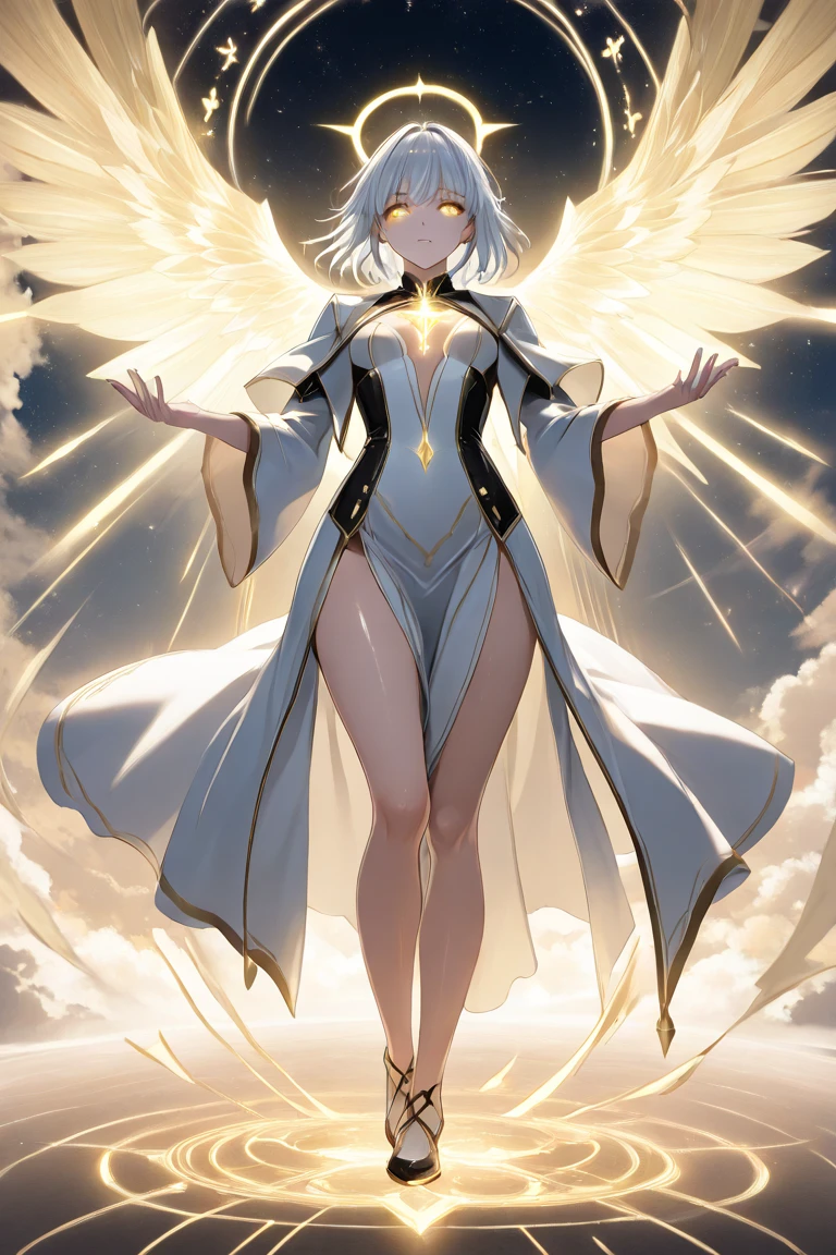 Caucasian female,short white hair,with a mask covering the eyes,big boobies,angelic clothing,angel wings