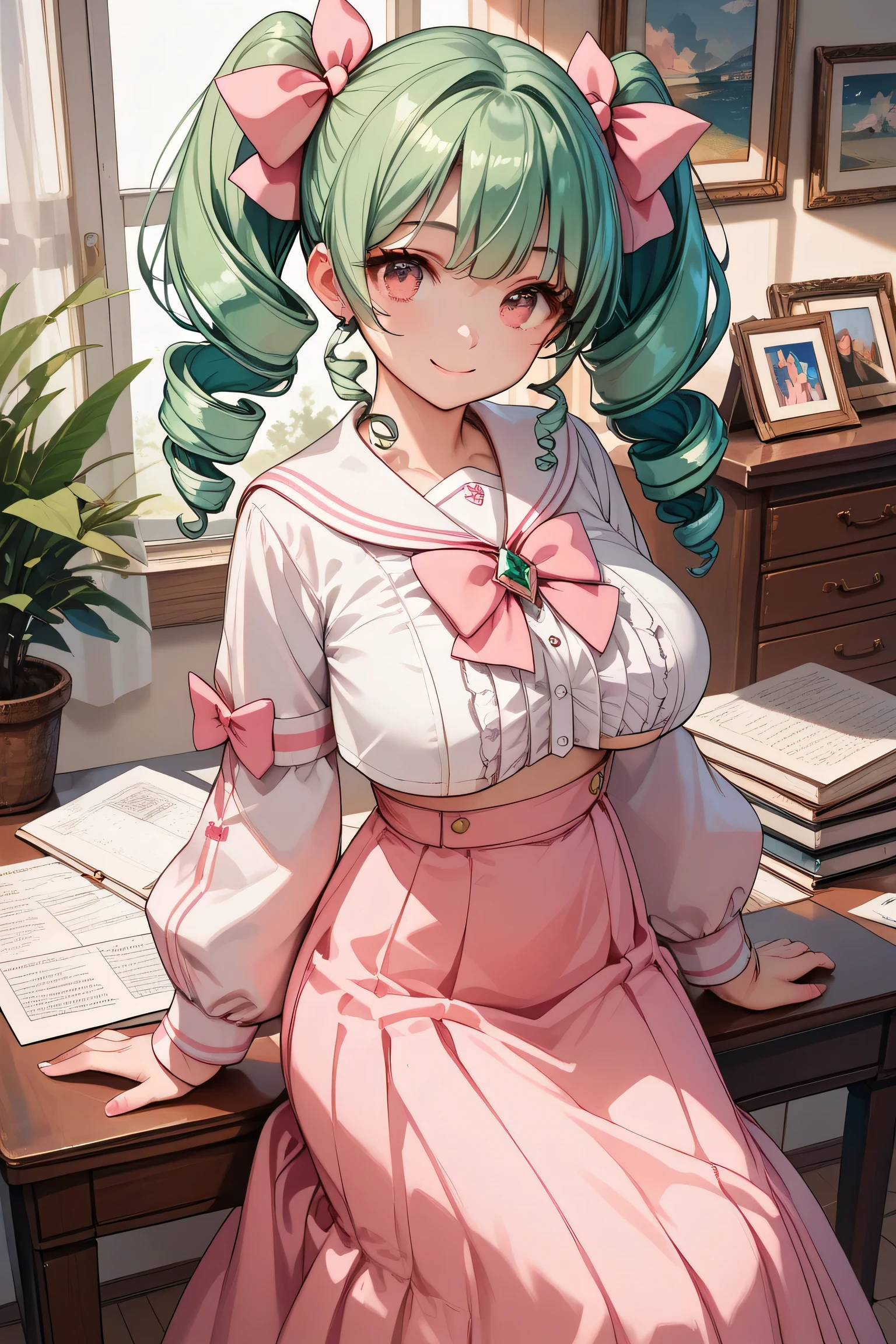 masterpiece,great quality,best quality,super detailed,8k, illustration ,CG, beautiful painted on a board , 1 cute girl , Emerald Hair, pattern ,twin tails,twin drill,pink ribbon,smile, bigger in bikinis, White sailor suit with cute pink lines,long skirt, pink eyes