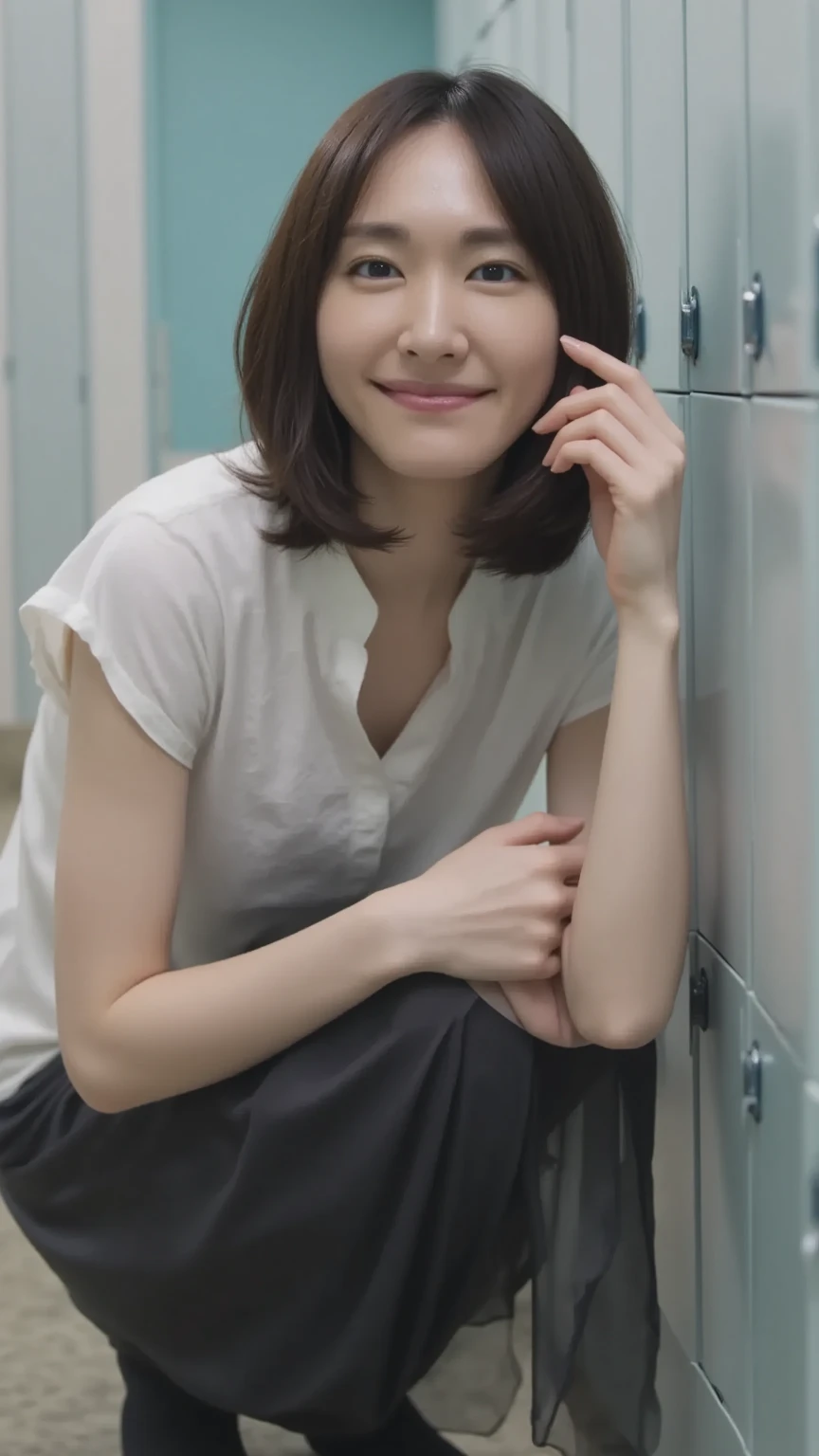 Top quality, 1 beautiful woman, super short Hair, shy Smile, wearing tanktop, From Above