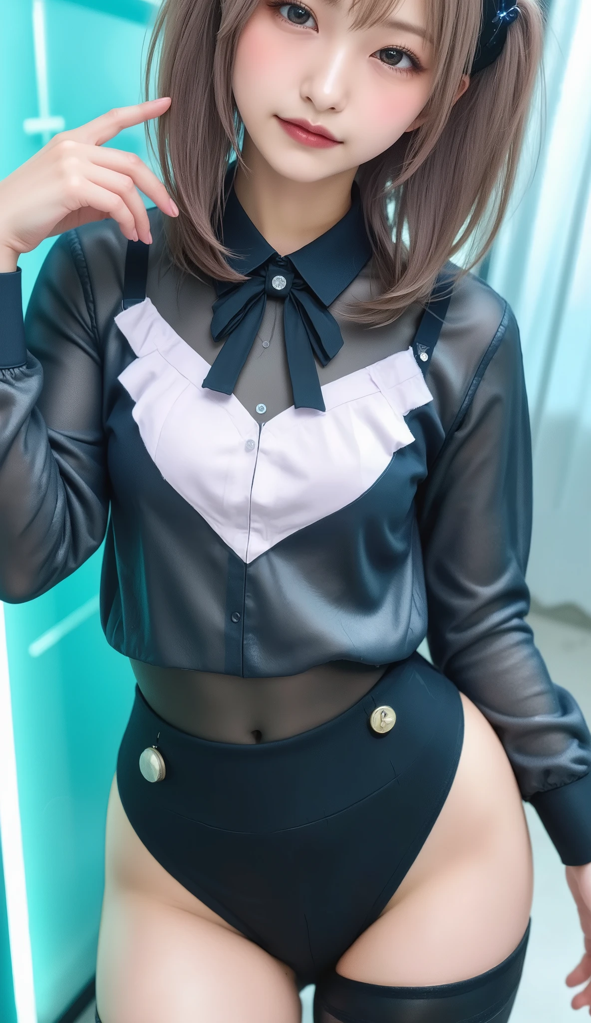 Black Hair、Blue Eyes、beautiful girl、Gal、The front hair is up、long hair、gorgeous、Long eyelashes、Big Eyes、Navy blue checked bow tie、White buttoned blouse、mini skirt、Fishnet tights、Cleavage、tits、Heart-shaped stickers on nipples、Great thighs、Beautiful legs、Beautiful abs、Slimy skin、Oily skin、Tan Skin、Light reflecting skin、Background back alley、Glossy finish、Realistic details、Perfect body