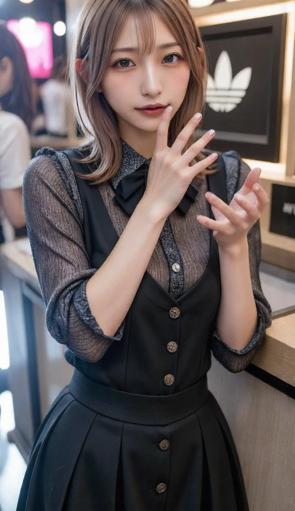 best quality、ultra-detailed、8k、Japanese、Seductive beauty、seductive adult woman、Pretty Woman、cool girl、cute girl、smirk、Wicked Smile、brainwash makeup、brainwash、Evil look、evil、Brown hair、wavy hair、swept bangs、dark makeup、piercing eyes、hollow eyes,half-closed eyes、Hollow Eyes、purple Eyeshadow、black lipstick、black lipglos、Purple Eyeshadow、black lipstick、black lip gloss、Dark Makeup、black long dress、Tight Skirt、slit、beige pantyhose、night、inside darkroom、Kiss、I have a pen、Are standing、Offer、Facing forward