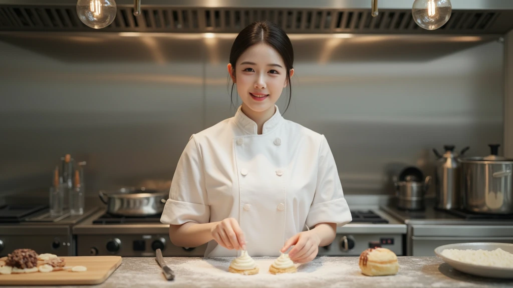 A female Pastry cook decorator, realistically human