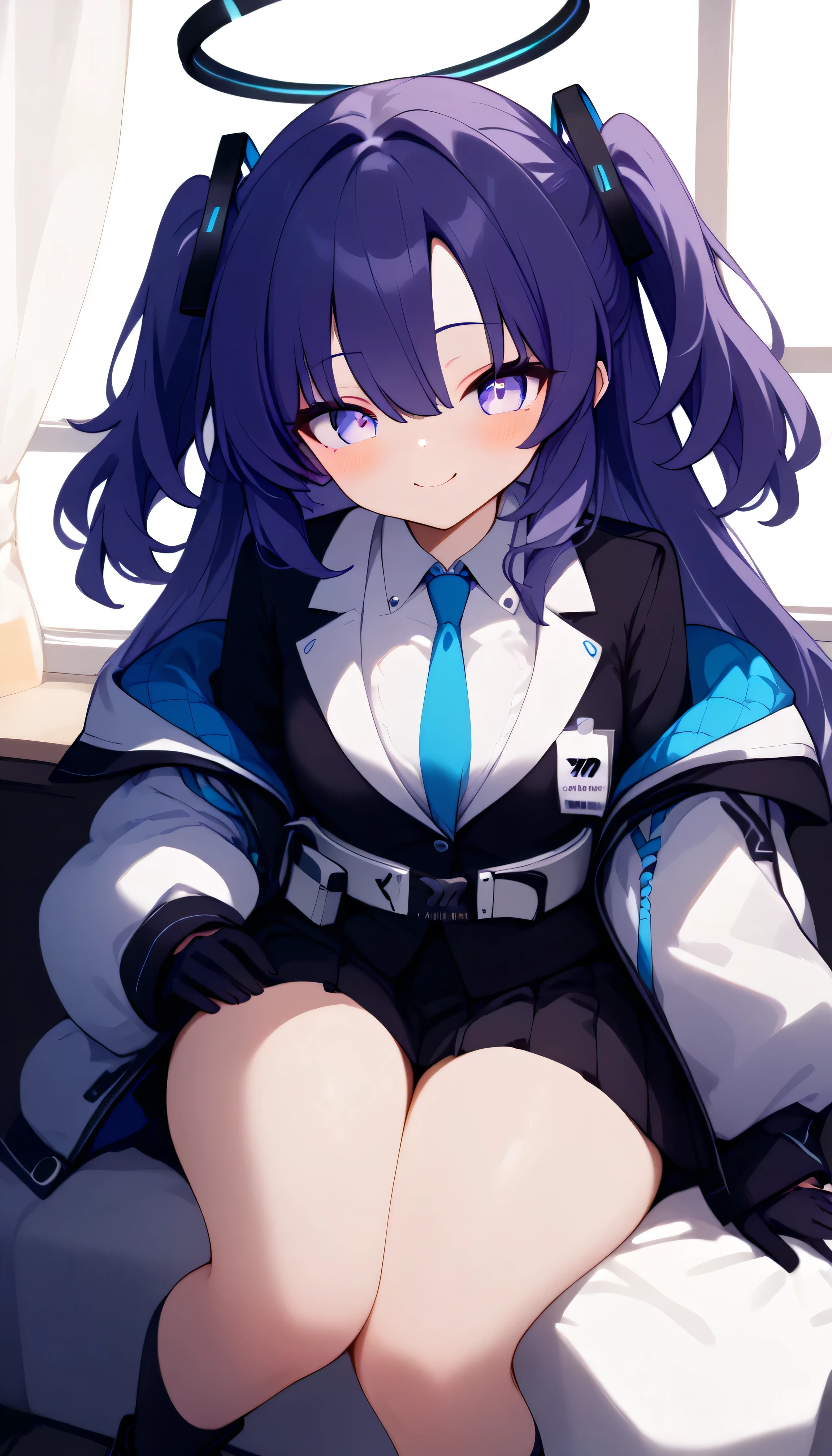 Yuka \(blue archive\),purple eyes,purple hair,long hair,two side up,halo,jacket,necktie, shirt,half gloves, pleated skirt,belt,black footwear, Alone, see eyebrows from inside hair, hair between eyes, viewers, masterpiece, top quality, very aesthetic, thick thighs, blush smile is embarrassing