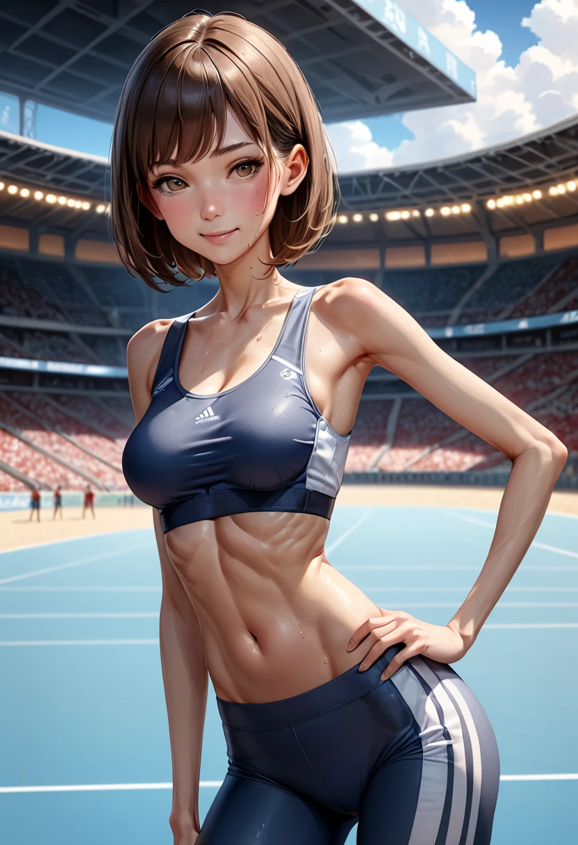 (masterpiece,Highest quality:1.3,best quality illustration,realistic),cowboy shot,1woman,20 year old Japanese beauty,((very small head:1.3)),(short bob brown hair),bangs,brown eyes,gorgeous eyes,blush,smile,medium breasts,((very long body:1.3)),((toned body,slender body:1.3,skinny)),(Navy blue sports bra、navel、Dark blue sports shorts),gleaming skin,shiny skin,(sweat:1.3),standing,Arena、Tokyo、