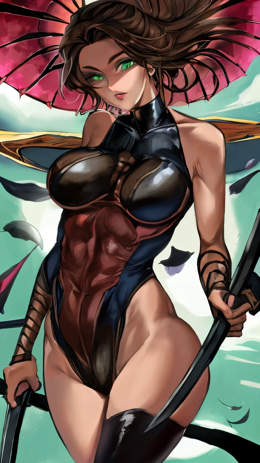 (Highres) (Detailed illustration) Ultra-detailed, blue eye color, glassy detailed eyes, detailed face, Asuka Koukawa, hime hair, straight bangs, very long hair, ginger hair, teen, visible muscles, athletic body, toned abdomen, thick arms, mechanical limbs, mechanical arms, oppai, large breasts, very long hair, ultra-detailed face, full body, micro bikini, g-string, beach, windy, windy hair, sunny, smug,