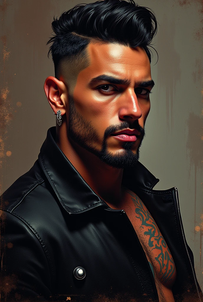 From below, a side view of a muscular man in a long black sleeved leather coat with metal studs and zippers like a rocker leather jakcet and a massive, exxagerated, tall high collar turned up tight against the sides of his face completely like a spy’s coat.
Detailed facial features, extremely detailed muscular physique, lots of chest hair, hairy chest, masculine tattoos, large penis, massive outline of bulging penis, fierce and intimidating expression, commanding pose, black mohawk, bearded face, clear and sharp lighting, photorealistic, cinematic, hyper-realistic, high quality, 8k, ultra-detailed, physically-based rendering, studio lighting. Massive bulge. Big penis outline.
Stiff Leather collar exxaggerated to the top of the head. Turne-up collar very high and stiff. Slick black leather, very polished.