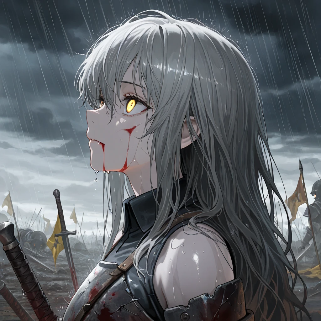 masterpiece,best quality,ultra detailed,(1 Fallen Female Knight),(rage:1.1),(one eye closed:1.1),upper body shot,The fire sword,blonde hair,long hair,blue eye,straight hair,(ThunderStorm:1,5),darksouls,(fire:1.4),(Rainy:1.3),((blood dripping from mouth:1.0)),(((profuse bleeding:1.5))),grass,(wet skin:1.3),(wet hair:1.5),(gritting teeth:1.0),(bandage)