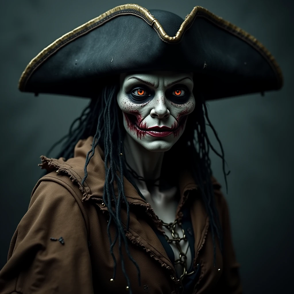 Make a horror scarecrow with a suit and top hat, looking to the side smiling, realistic, detailed, correct lighting, behind a person, dark fantasy, horror