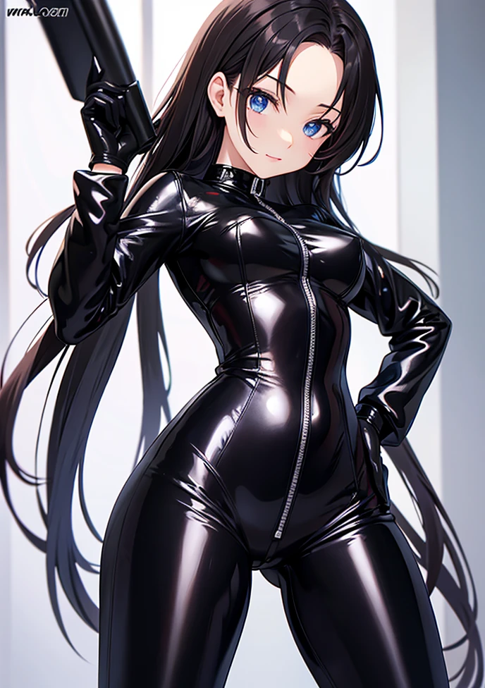 very detailed face, detailed clothing, detailed fabric, 1 woman, perfectly drawn body, huge breasts, sexy pose, beautiful face, long black hair, blue eyes, very detailed eyes, pink cheeks, shy expression,  (Shiny black tight bodysuit), black gloves, gloves covering hands, Sensual lips ,  dinner de invierno, Show details at a glance, View from the front, looking at viewer, dark road, Dark Forest, dinner, atmosphere, Fog