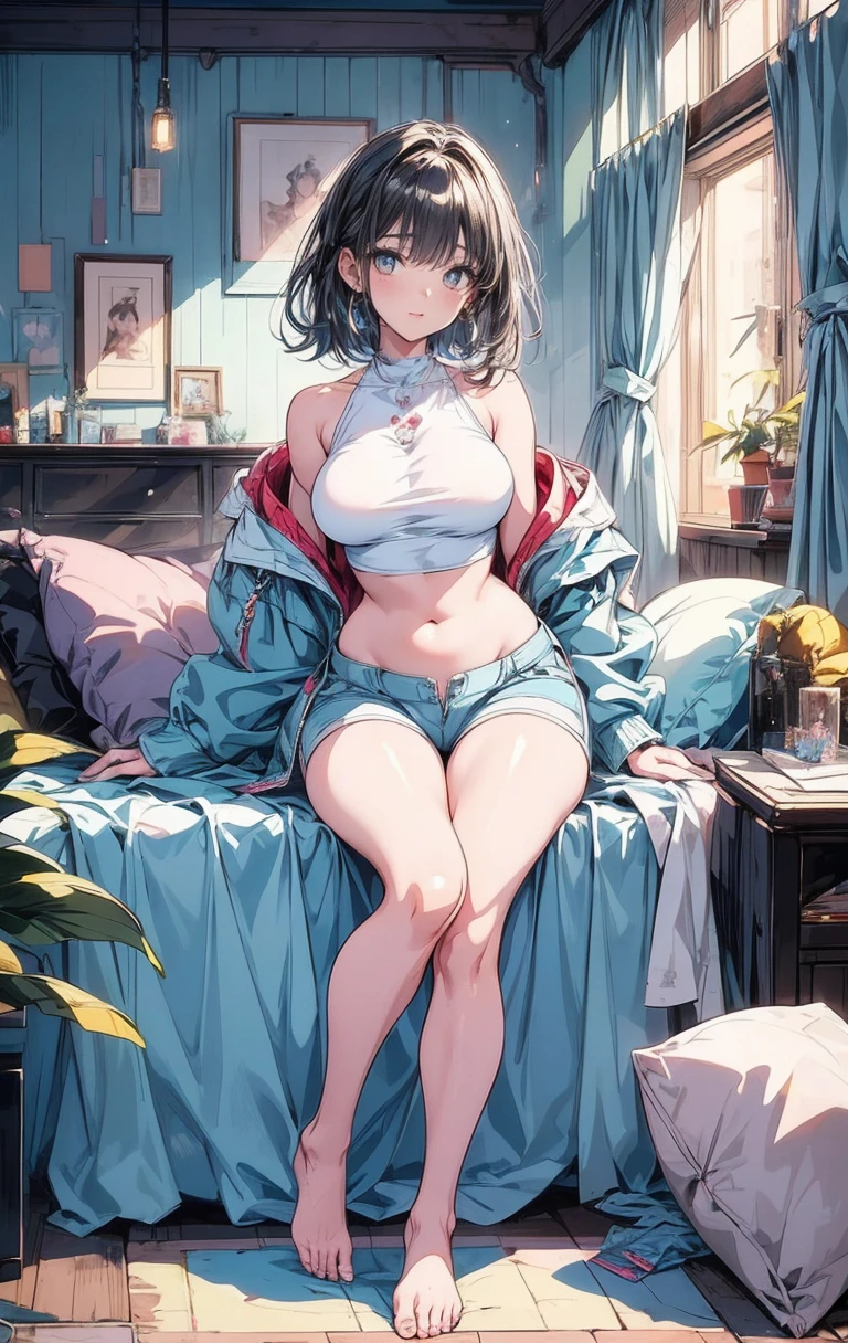 Anime Kawaii sexy Perfect Slim sensual body large breast and huge thighs, An intricate and highly detailed illustration of anime (Young girl) (masterpiece:1.2), Detailed fingers, Beautiful woman, Sitting on the bed, She is wearing a loose off-the-shoulder top., Pajama pants, Short Curly Hair, indoor, Soft lighting, Background plants, Window with sunlight, Cozy rooms, Relaxed pose, Intricate details, Warm colors, Japanese schoolgirl, stretching arms upwards, yawn loudly