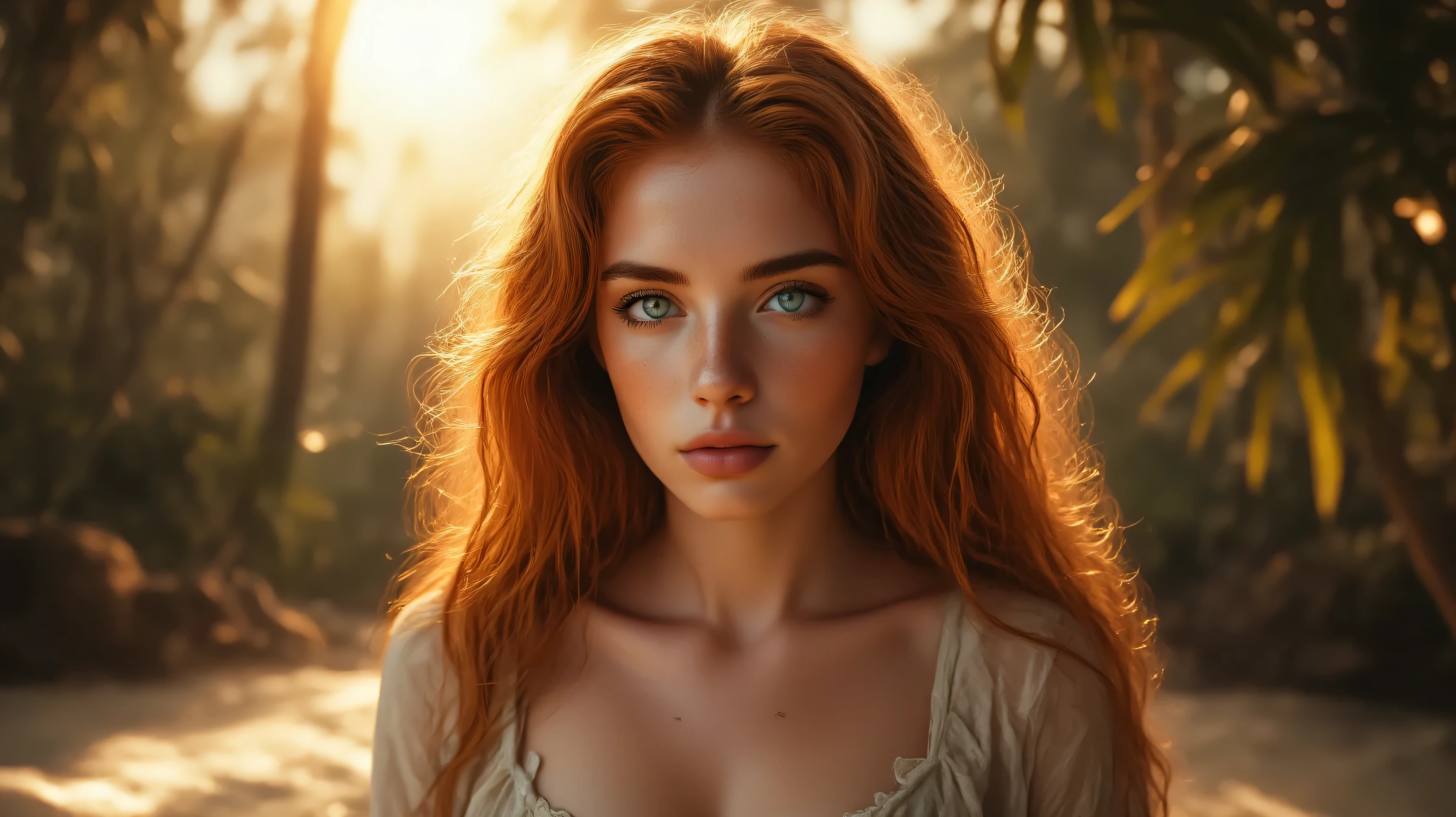 "A hyper-realistic image of Mary Magdalene, depicted as an extremely beautiful woman with long, wavy, golden-brown hair, clear, piercing eyes (blue or green), radiant skin, and delicate features. She wears authentic biblical clothing made of fine, slightly worn fabrics that enhance her form in a subtle and elegant way. Her gaze is intense and seductive, conveying both mystery and spiritual depth. The background is ethereal, with golden, heavenly lighting, creating a mystical aura around her. The image should be rich in detail, with realistic skin texture, shiny hair, and an almost divine atmosphere."