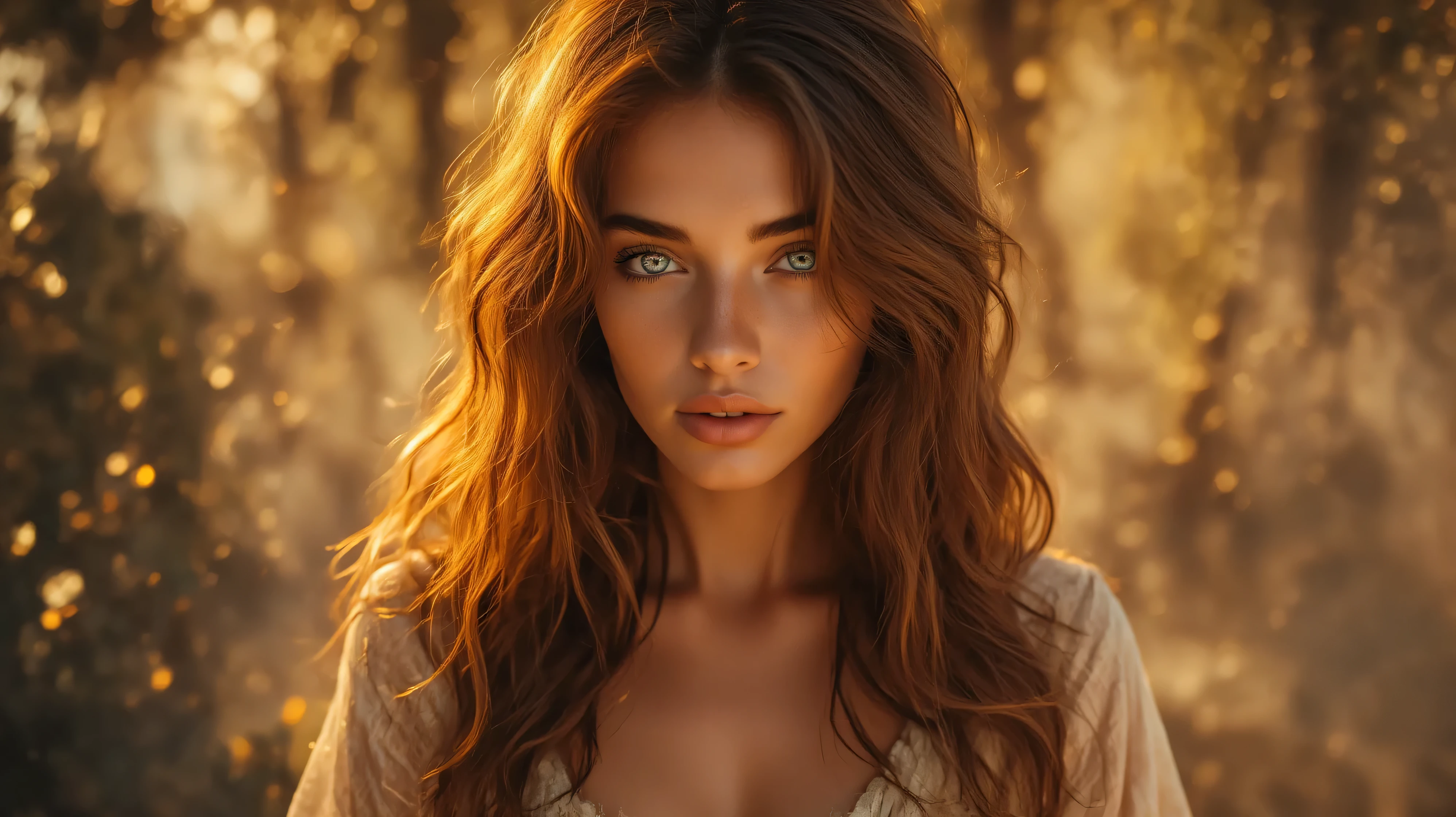 "A hyper-realistic image of Mary Magdalene, depicted as an extremely beautiful woman with long, wavy, golden-brown hair, clear, piercing eyes (blue or green), radiant skin, and delicate features. She wears authentic biblical clothing made of fine, slightly worn fabrics that enhance her form in a subtle and elegant way. Her gaze is intense and seductive, conveying both mystery and spiritual depth. The background is ethereal, with golden, heavenly lighting, creating a mystical aura around her. The image should be rich in detail, with realistic skin texture, shiny hair, and an almost divine atmosphere."
