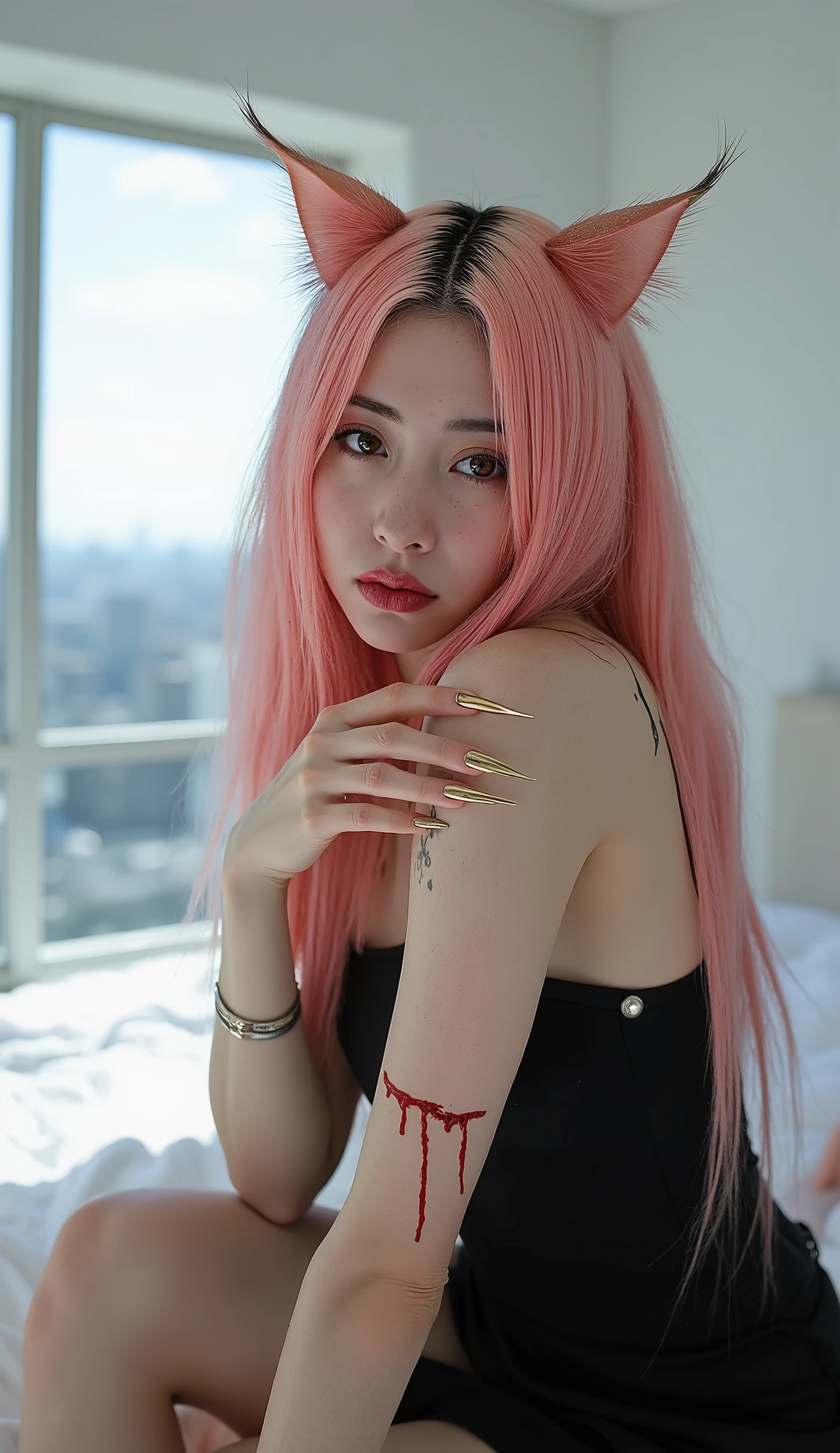 (((photorealistic:1.4))), ultra realistic, pores, (((masterpiece))),high quality, beautiful eyes, ultra details, realistic skin beautiful face pretty girl with very long sharp golden shiny fingernails, blood on body, long pink hair, nude, blood on skin, cat ears and cat tail, white night club, high key, bright, neutral light, white luxury modern room, beautiful view, night, looking at camera,