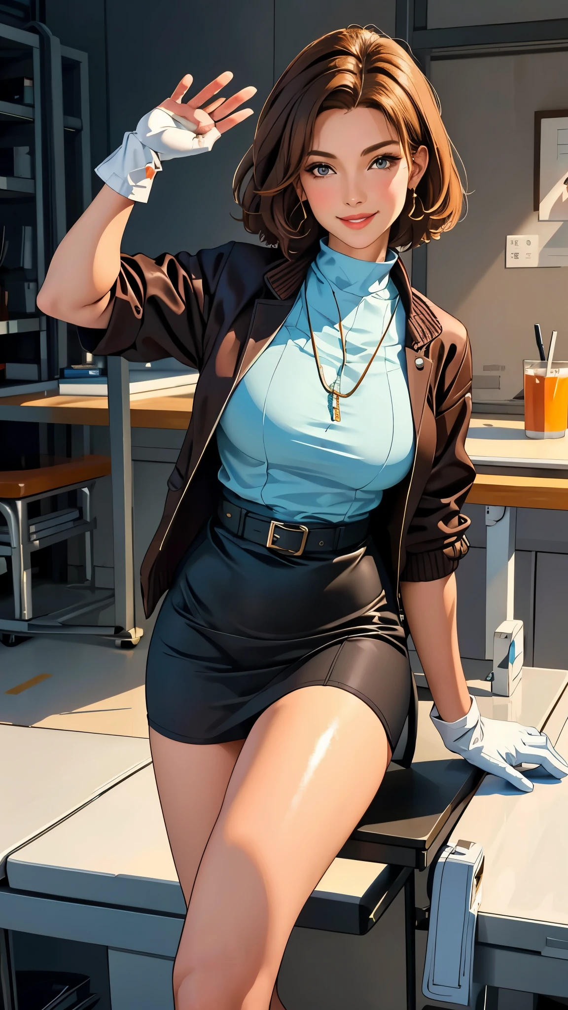 best quality, glossy, 4k, ((artwork)), extremely detailed, 8k, mature woman, milf, short brown hair, doctor's jacket, surgical gloves, no background, large breasts, full lips, smile, standing, beautiful eyes