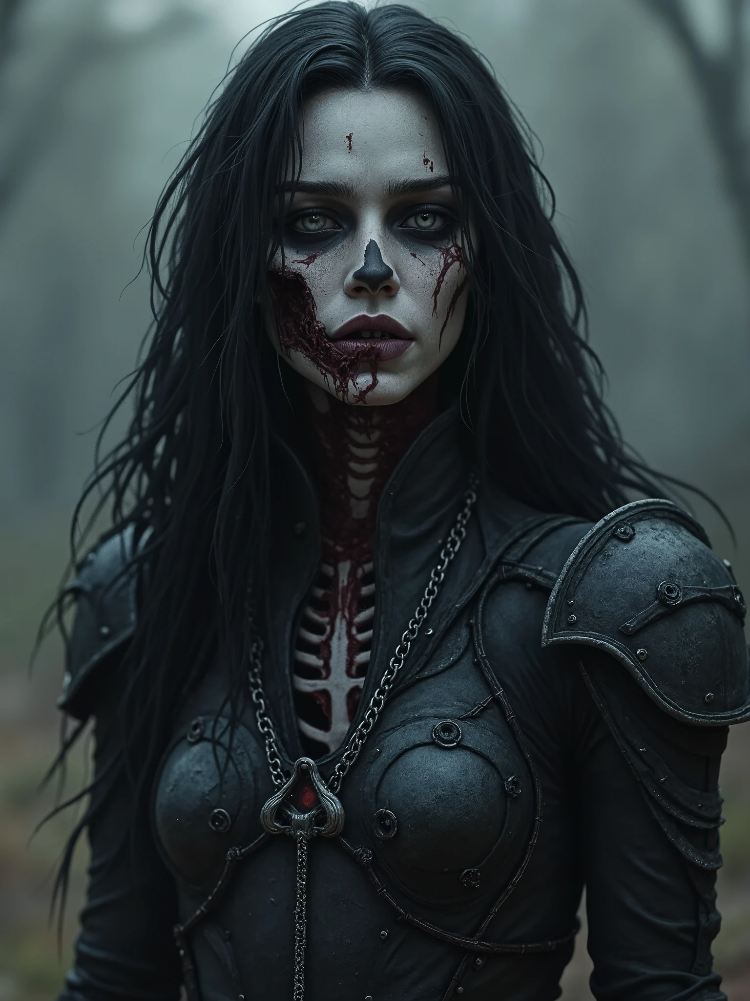 Beautiful paint woman with long black hair,dark makeup,black metal style dark art dark photography,half skull rotting beautiful female goddess necrosis endoskeleton,warrior queen in black metal armour, chainmail armour and swords, fighting with a lovecraftian creature,beautiful serene melancholic scream of pain,realistic photography, melancholic, death on the ground, raining swords