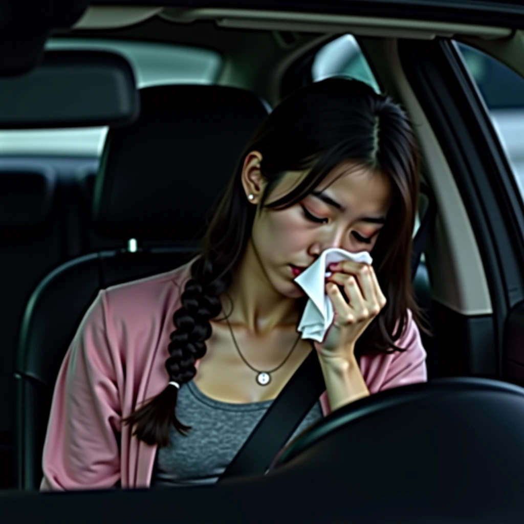 23-year-old woman covered her nose because of the unpleasant smell and felt uncomfortable, on the city, wear sexy skirt