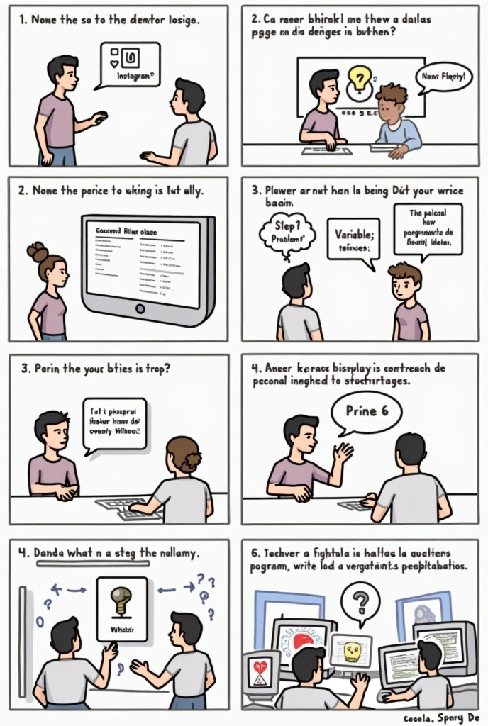 Elabora un storyboard en dónde la escena uno se un televisor o pantalla mostrando iWITHos de aplicaciones populares (instagram,  Spotify).
 
 A group of people  (students) mirando la pantalla WITH curiosidad.
 
a "bubble" de pensamiento sobre la cabeza de un estudiante WITH un signo de interrogación (?).

 Visual elements : bright colors, iWITHos reWITHocibles, Expressions of curiosity.
La escena 2 sea
a pizarra o pantalla WITH el texto "Aim: Hello World in Python".

a Lightbulb encendida (clear idea).
 a flecha que apunta desde el objetivo hacia un pequeño programa de Python.
 Visual elements : Clear text, symbols of clarity (Lightbulb), Direction Arrows.

 SCENE 3 : Encourage the memory of previous learning ( 3 minutes )**

drawing:
 a nube de palabras WITH términos como "logic", "steps", "Problem".
  people section (students) WITH "bubbles" de pensamiento
 Visual elements **: word clouds , sequences of simple images.

Scene 4:

a pantalla de computadora mostrando líneas de código Python ( Variables , `print()`).
 Arrows and annotations that point to and explain parts of the code.
 a character (teacher) señalando el código WITH un puntero.
 Visual elements : Highlighted code, explanatory arrows, friendly characters.

Scene 5: 
 Varias computadoras WITH pantallas que muestran el entorno de programación.
a character (teacher) walking between computers, ayudando a los students.
 *Bubbles" de ayuda WITH  Code fragments .
 Visual elements : computer screens, characters helping,  Code fragments .
Scene 6: 
    * Students writing code on their computers.
    * a character (teacher) observando WITH una expresión de aprobación.
    * "Bubbles" de pensamiento WITH nombres que se imprimen en la pantalla.
* ** Visual elements **:  keyboards, computer screens, expresiones de WITHcentración.

** SCENE 7 : 

* **drawing**:
    * a pantalla WITH ejemplos de código de students (successes and mistakes).