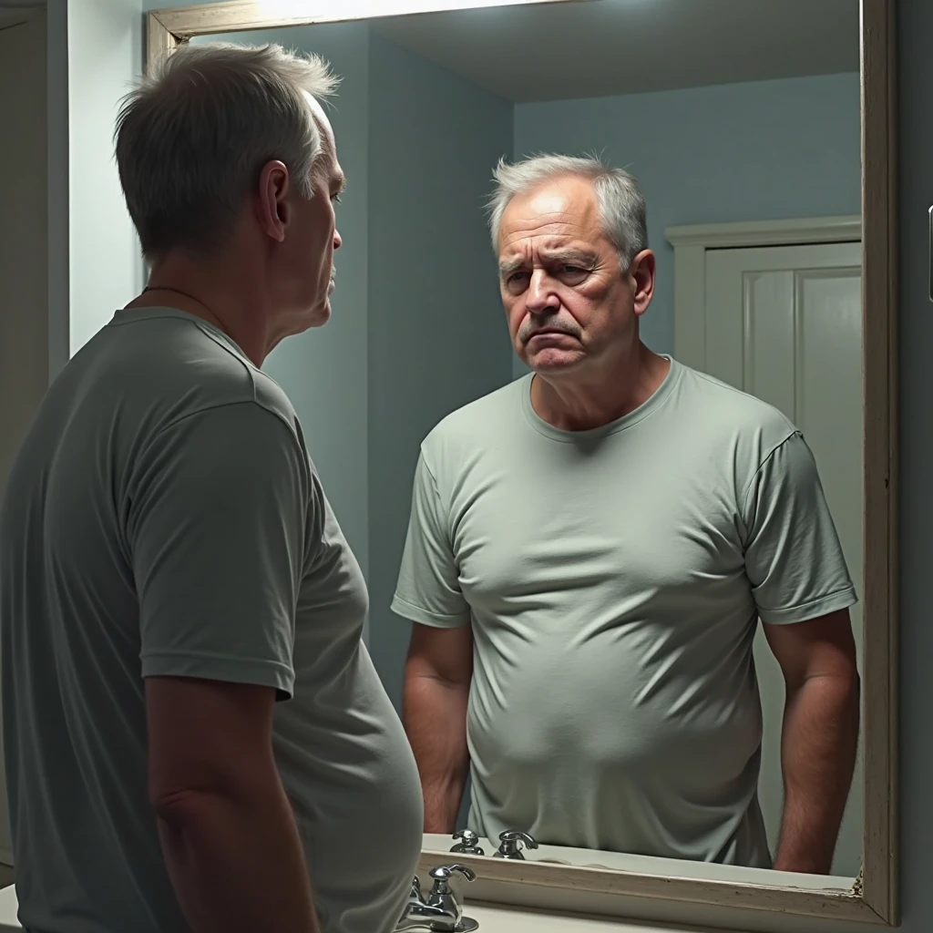 A white man that is depressed and out of shape looking in into a mirror, his future in shape handsome self looking back thats muscular