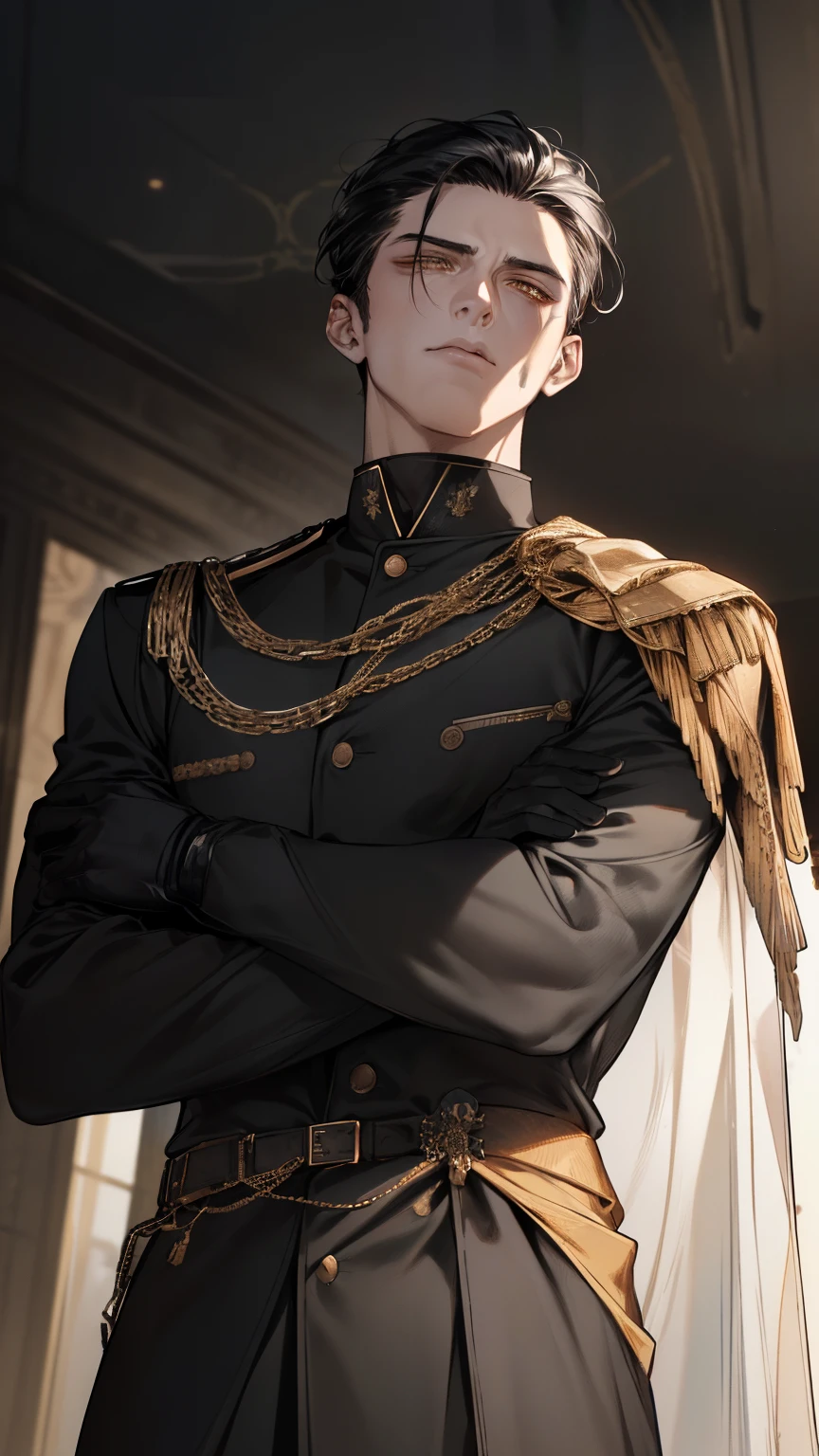 (Photo taken from below, clear, quality) (Modern), man,man,masculine,30 years old. black hair ,slicked back hair, short hair , yellow eye,handsome face, toned body, muscular, soft and slender,slightly red cheeks, . wearing black gloves,chain of soldiers. Wearing American combat uniform.