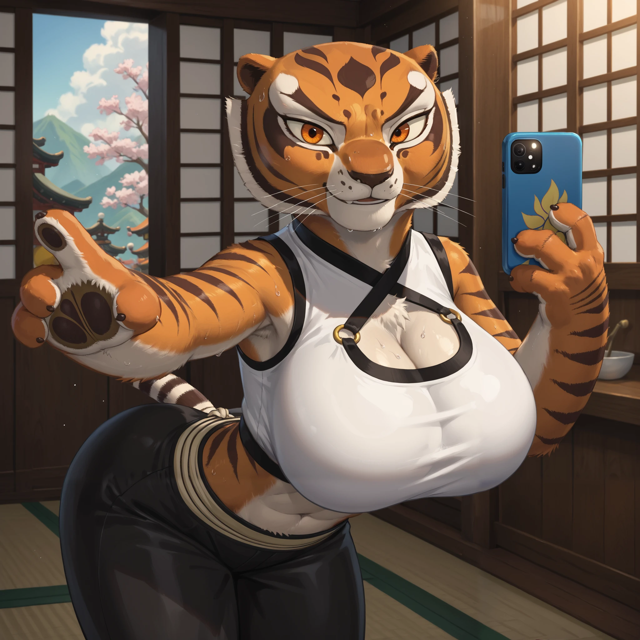 score_9, score_8_up, score_7_up, source_anime, source_furry, (beautiful, detailed background, digital artwork, digital art, well shaded artwork, depth, detailed artwork)1.2, 1girl, female, furry, anthro, Master tigress (Kung fu panda), Anthro tiger, detailed fluffy fur, bald, large expressive eyes, (detailed orange eyes, black pupils)1.2, massive breasts, heavy breasts, bulging breasts, natural breasts, wide hips, thick thighs, standing, bent over, arched back, super massive ass, bubble butt, closeup++, facing viewer, dojo setting, white crop top, sleevless top, turtleneck top, cleavage cutout, baggy white joggers, big black collar, sweat, smirking, more straps, heavy duty harness, side view, tiny waist, chest pushed forward, mirror selfie, holding iphone