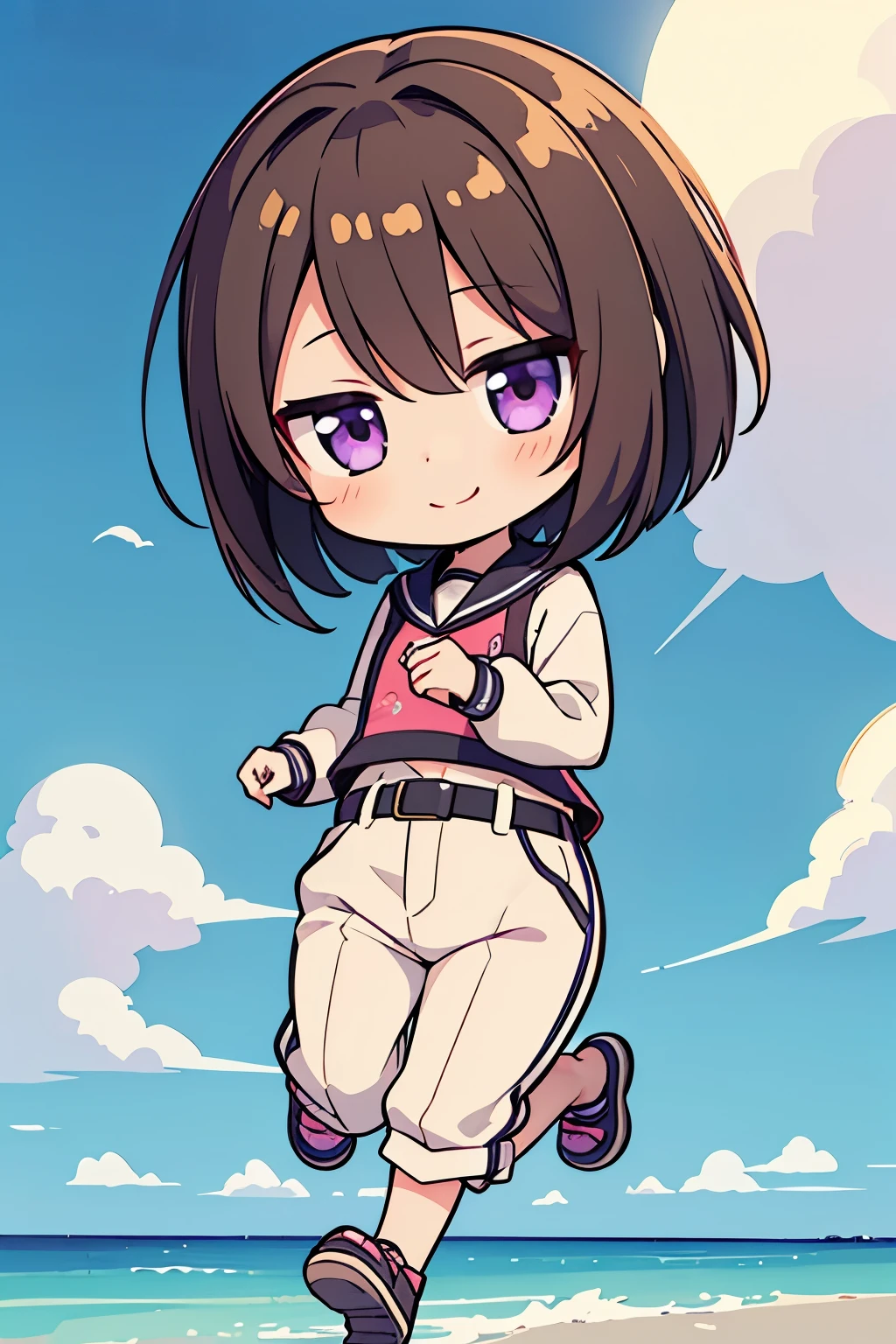 a girl, li, female , female, looking at viewer, bob, brown hair, purple eyes, fair skin, short, petite, tiny, chibi, suit, chibi anime, chibi, 2d anime, anime, full body shot, kawaii, cute, smiling, pants, running, delightful,chibi-style