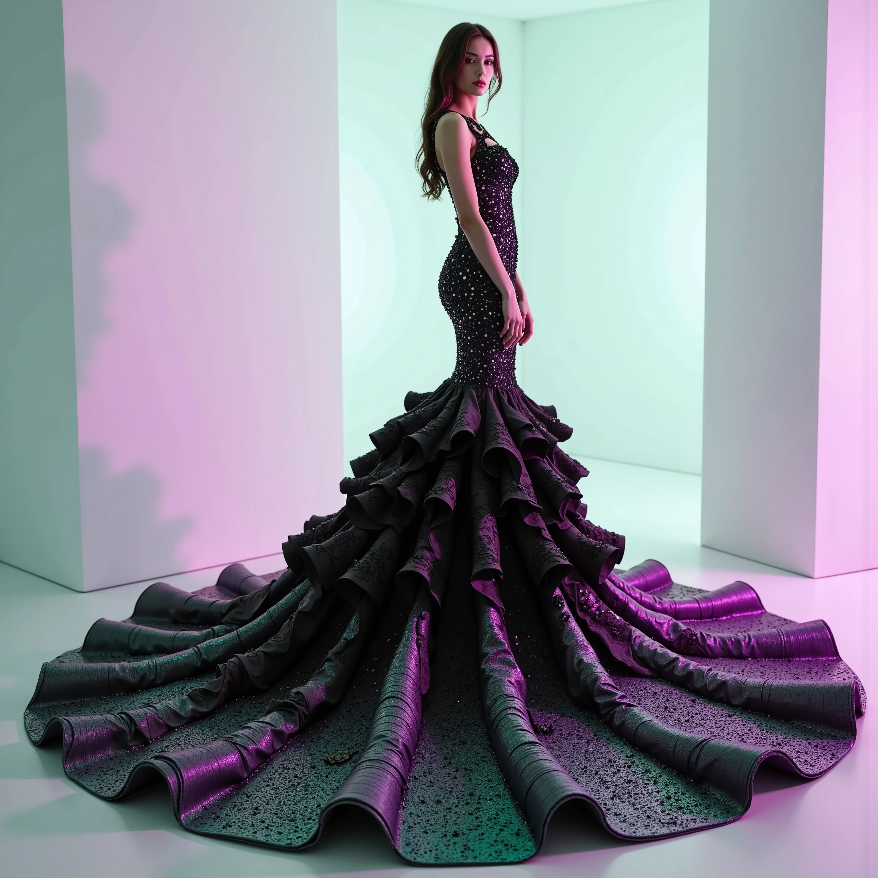  A black silk and satin mermaid style full-length gown with a fitted bodice and a super oversized flared skirt that has giant raised up ruffles at the bottom. This ridiculously oversized gown requires super high platform shoes. Only the kind of thing a supermodel, the crazy wealthy, or a crazy celebrity would ever attempt to wear. Very experimental fashion, this gown has sheer puff sleeves adorned with floral appliqués, sweetheart-shaped neckline lace, and black colored sequence adorns the top. Lightweight foam rubber is the only thing underneath the oversized black silk and satin skirt that can lift up this giant skirt and let the wearer walk and move at all in this unconventional, yet elegant ensemble. The bottom of the dress opens so that the fabric creates a large circular shape several feet in circumference larger than usual with a gown of this style. The skirt has puffed up outter material that hangs down in several layers from mid thigh down to the floor in three or four columns.  The dress is made of solid black satin and silk. The green and pink spotlights cast color on the dress and on the white wall in the background.Very dramatic pose. Direct eye contact between the model and the viewer. Asthetically incredible, iconic character, iconic style. Ultra-realistic, photorealistic, cinematic photography ultra-detailed. Very long wavey hair, Motion Lines, Sparkle, Emphasis Lines, Speed Line,cinematic lighting,cinematic portrait, portrait photography,cinematography, full focus, UHDR, hyperrealistic, startling, Glowing Light, Reflection Light, God Rays, Action Painting,Realism, photorealistic, 8K, physically-based rendering,masterpiece,professional,spotlights,intricate,complex,surreal,experimental,avant-garde,unique,innovative,striking,captivating,model facing the camera, eye contact, macro photography, close up,Blue eyes, Parted Lips, Makeup, Wide-Eyed, Sparkling Eyes, Kubrick Stare, From Above, Best Quality, Masterpiece.